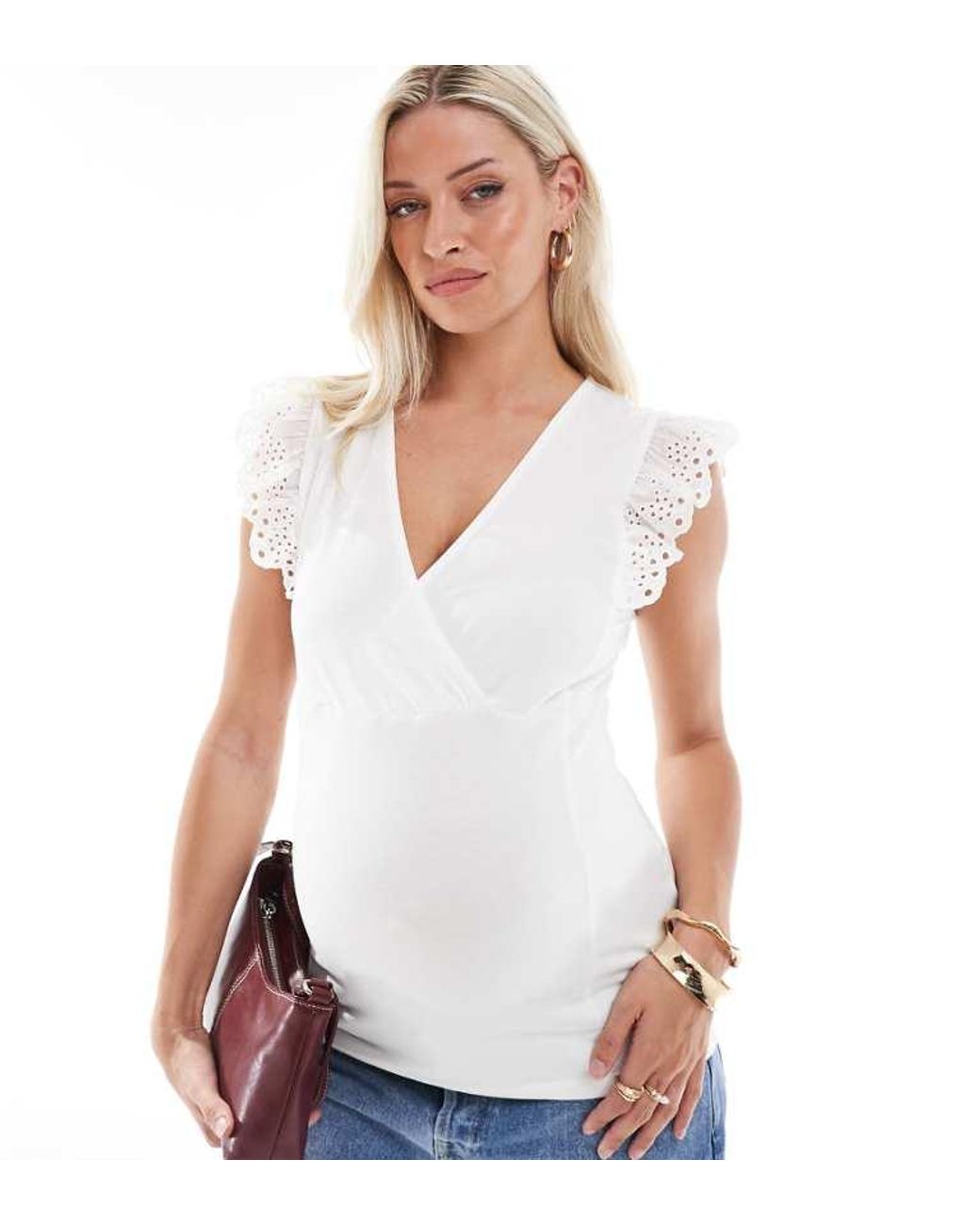 Mama.licious White Maternity 2 Function Jersey Top With Broderie Sleeve Detail