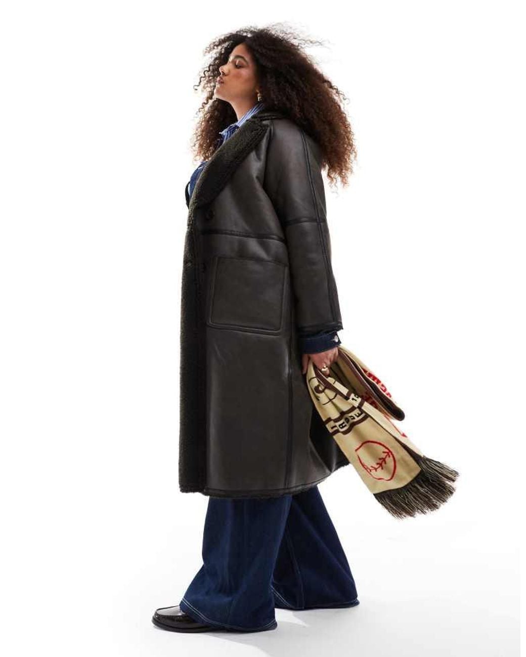 ASOS Black Design Longline Shearling Jacket With Contrast Binding