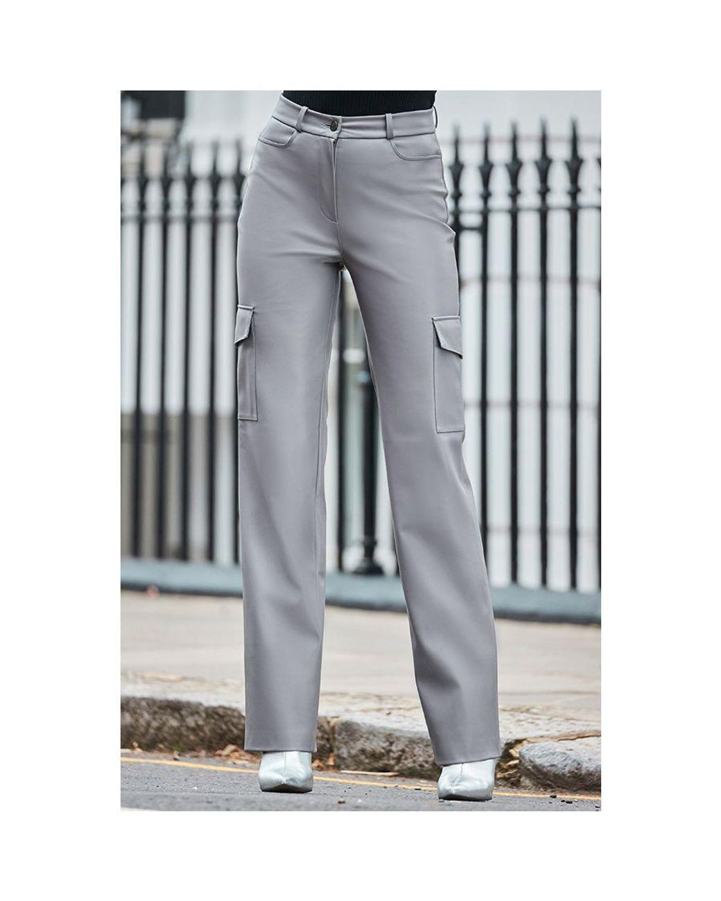 Sosandar Blue Faux Leather Wide Leg Cargo Trousers With Pocket Detail