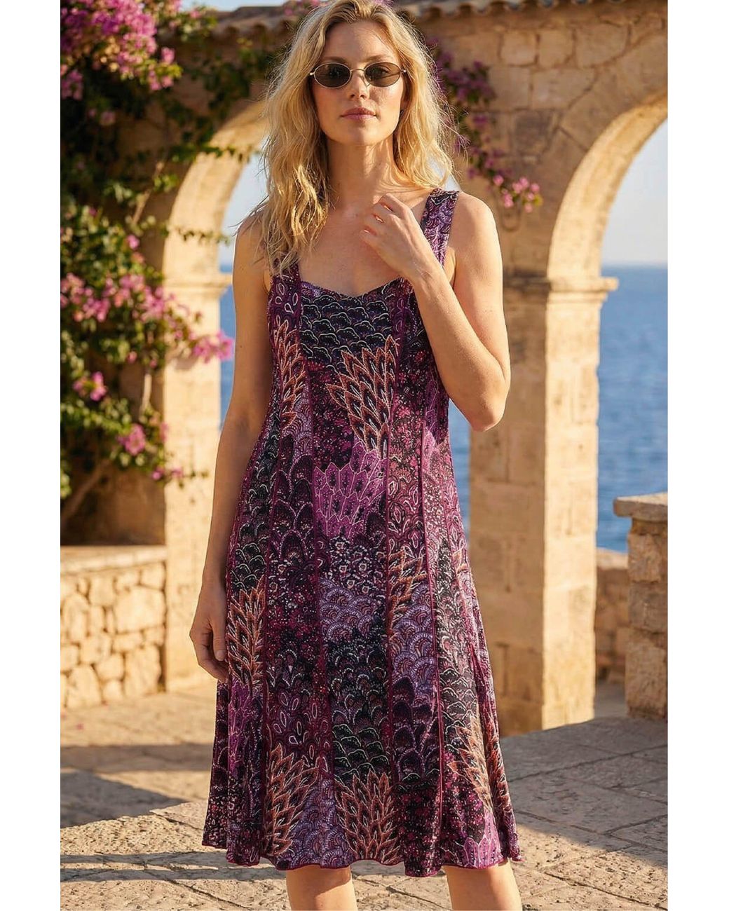 Roman Blue Peacock Print Panel Dress