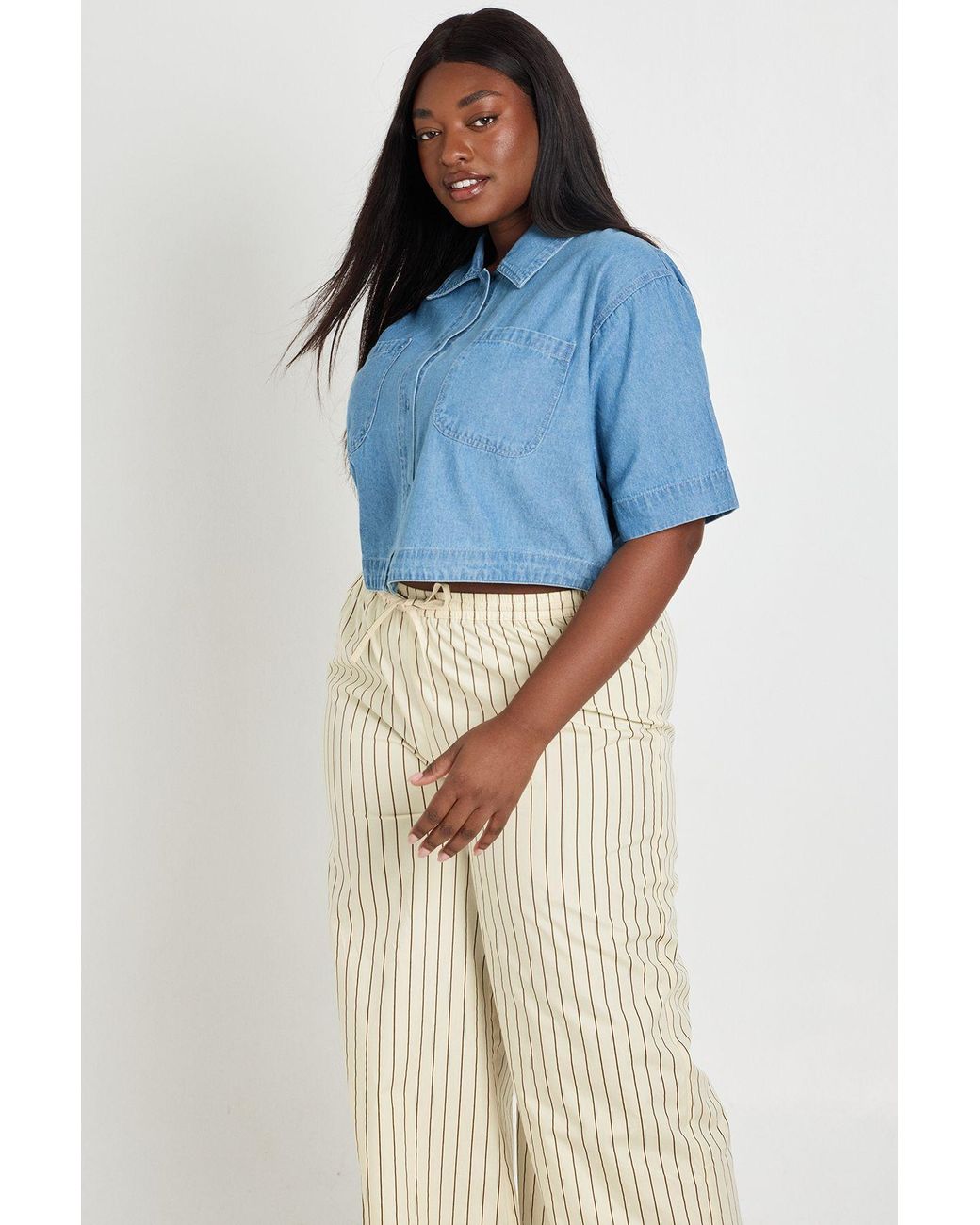 Boohoo Blue Plus Chambray Pocket Longline Crop Shirt