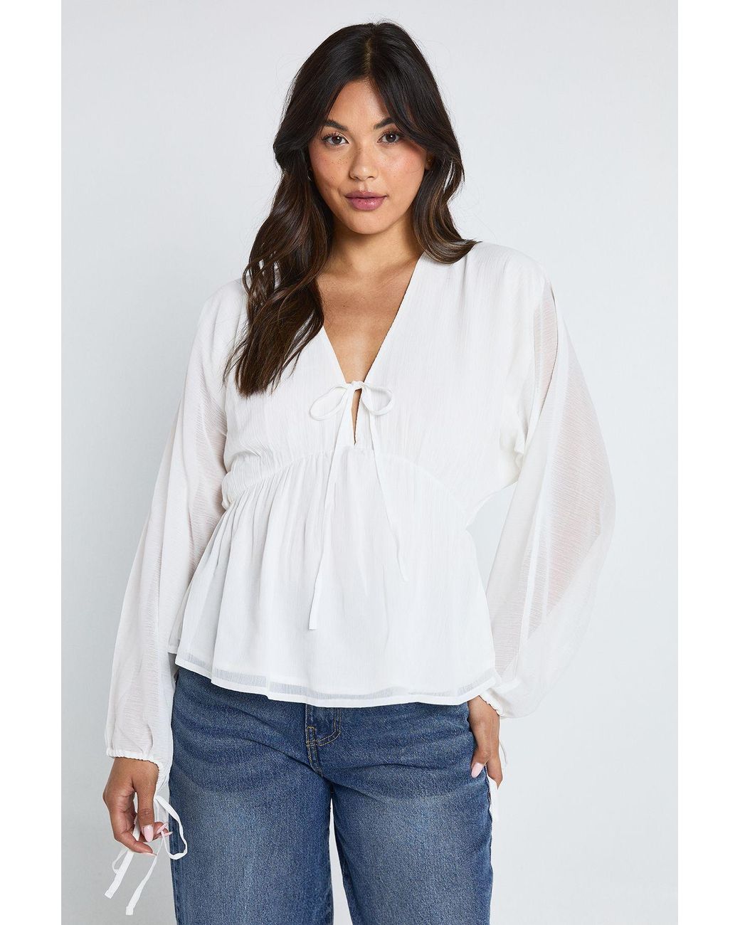 Boohoo White Chiffon Tie Front Volume Blouse