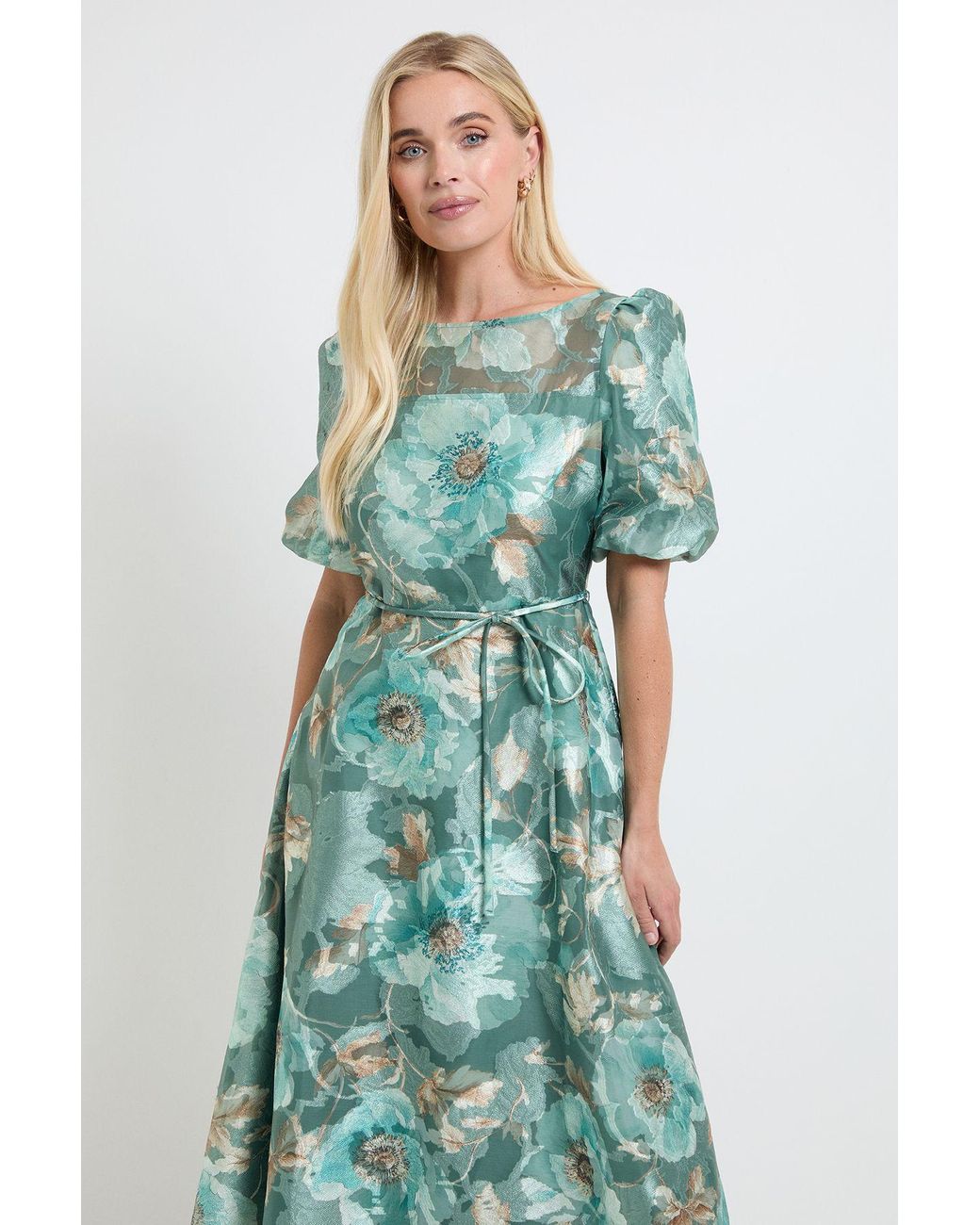 Wallis Green Petite Floral Organza Puff Sleeve Midi Dress