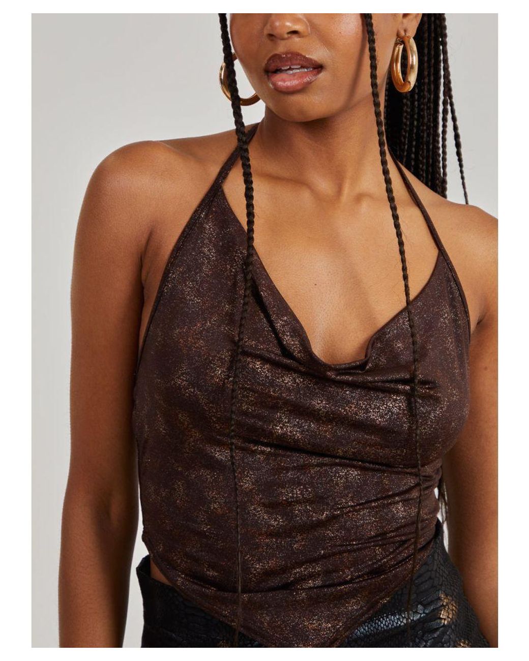 Pink Vanilla Brown Foil Cowl Neck Handkerchief Top