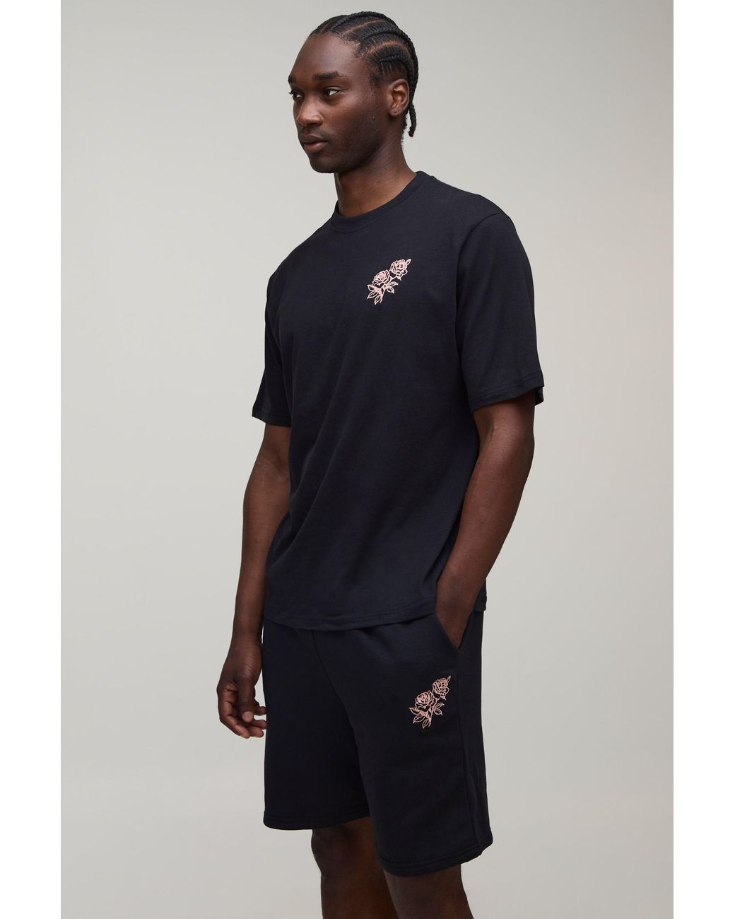 BoohooMAN Blue Tall Regular Fit Rose Embroidered T-Shirt & Fit Short Set for men