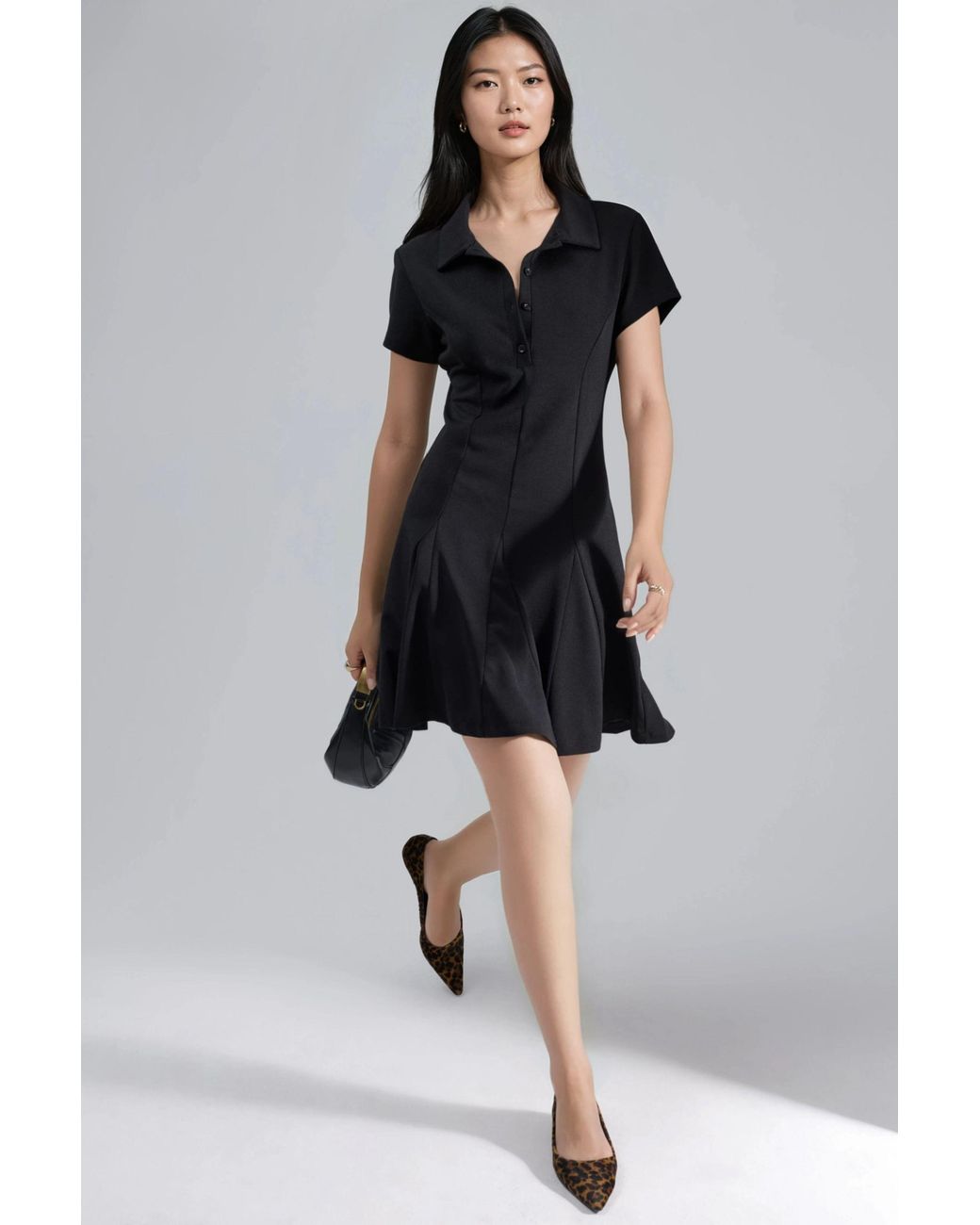 Busem Black Crepe Mini Dress With Button Closure And Polo Collar