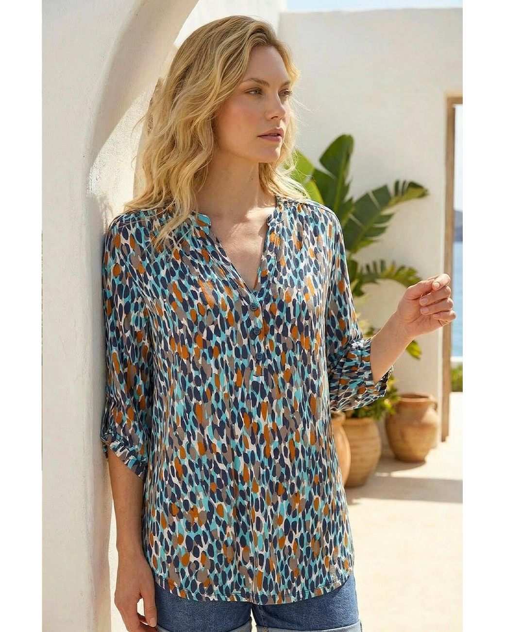 Roman Blue Spot Print Notch Neck Shirt
