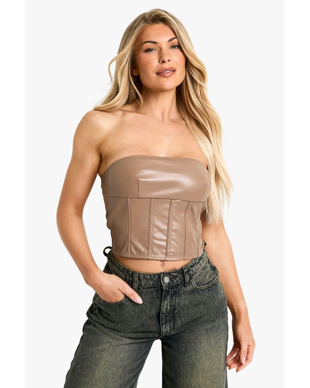 Boohoo Gray Pu Seam Detail Bandeau Top