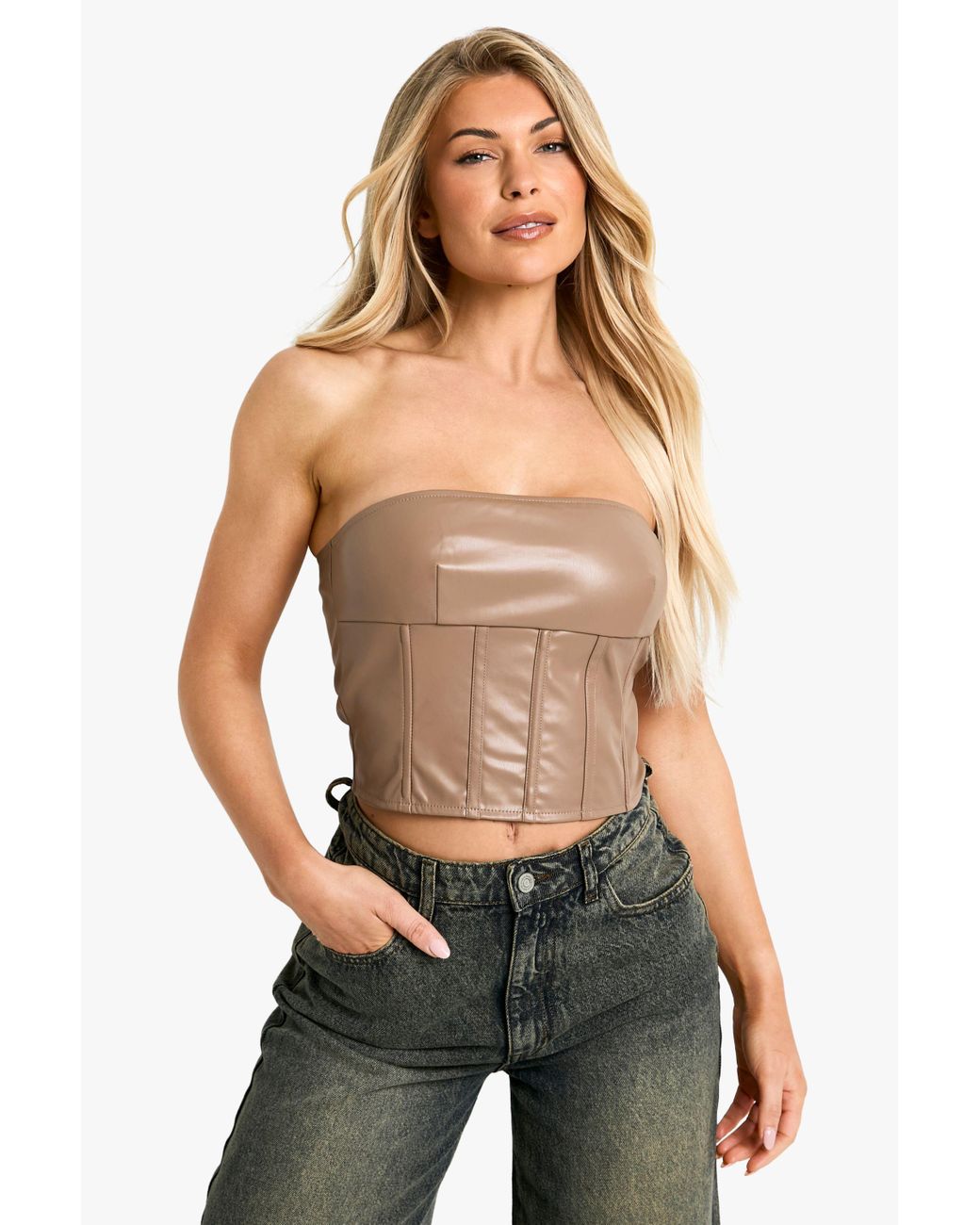 Boohoo Gray Pu Seam Detail Bandeau Top