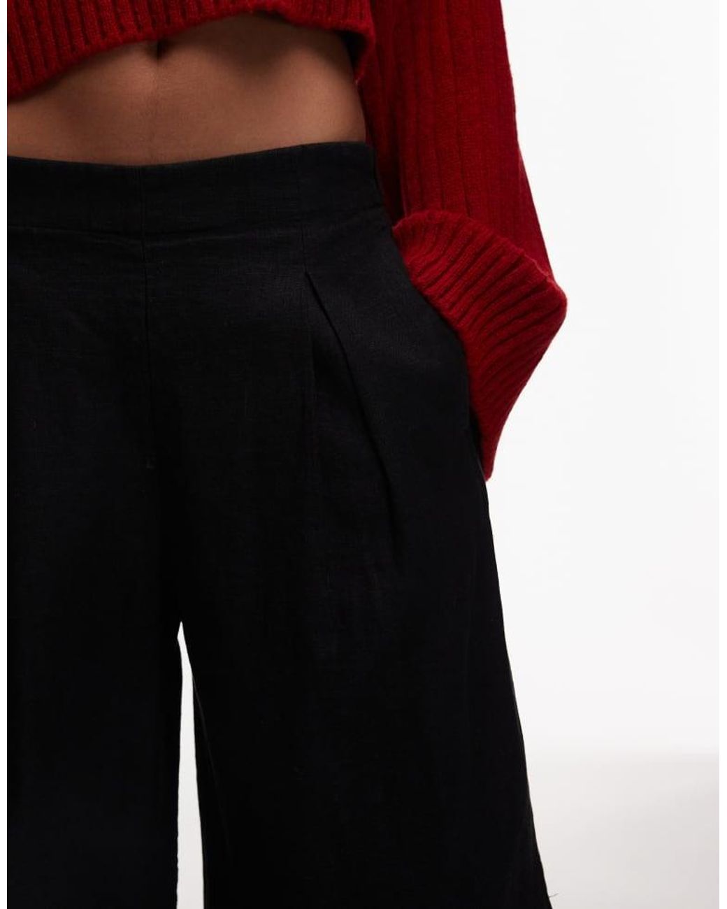 & Other Stories Red Linen Pull-On Wide Leg Trousers With Box Pleat Detail