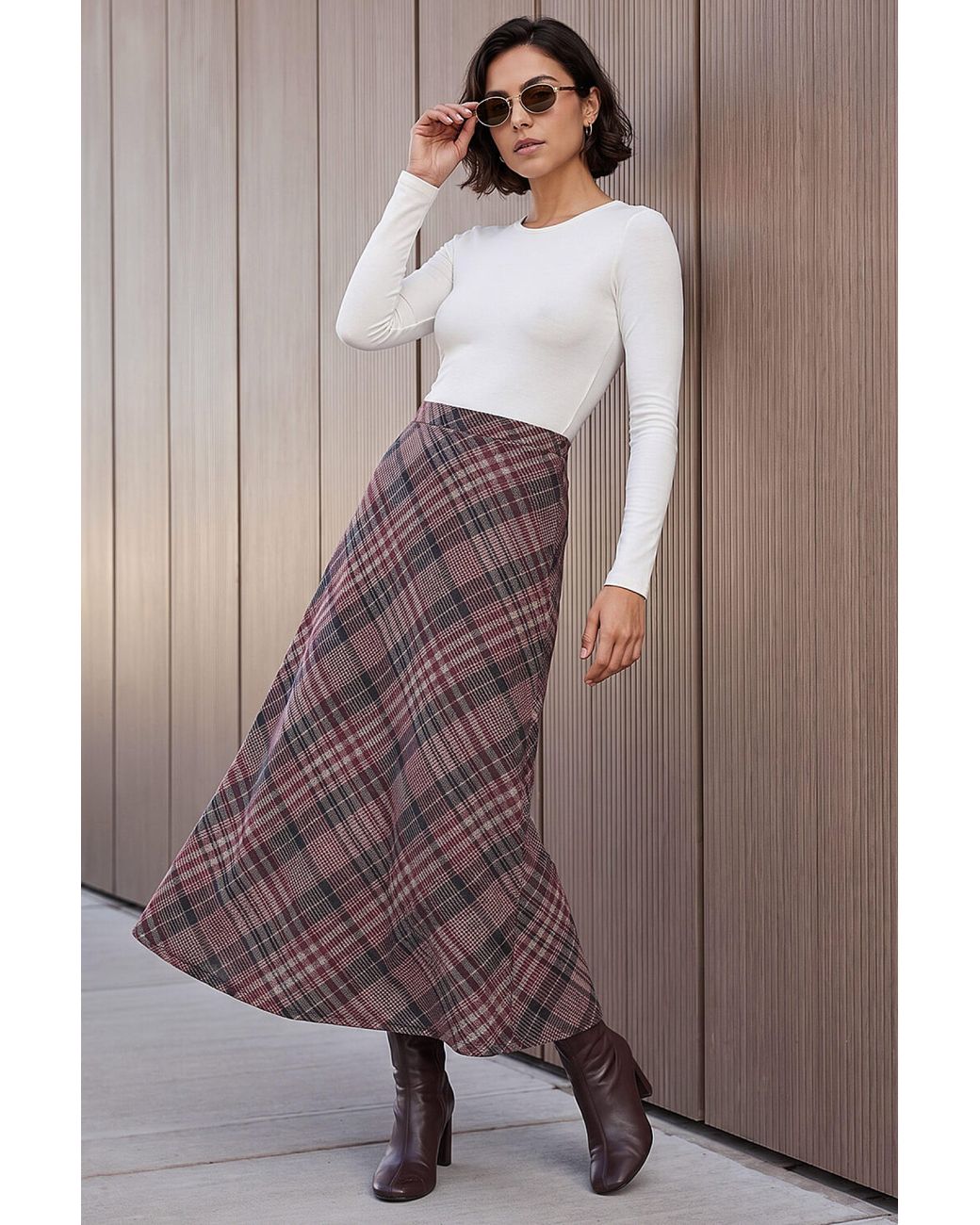 Roman Brown Check Print Midi Skirt