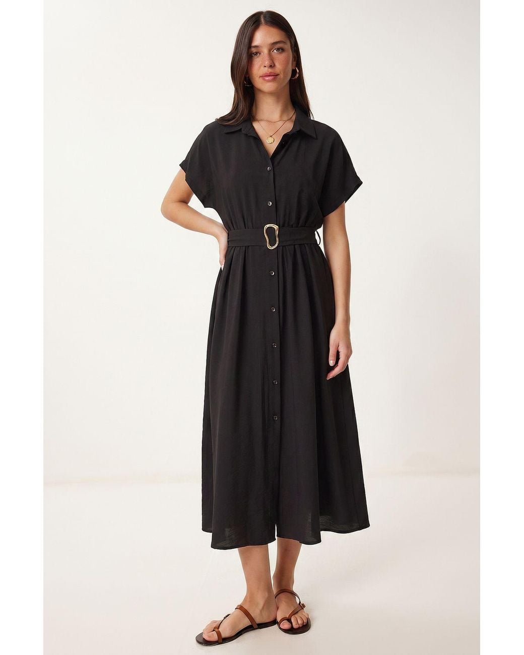 Happiness İstanbul Black Belted Poplin Shirt Midi Dress