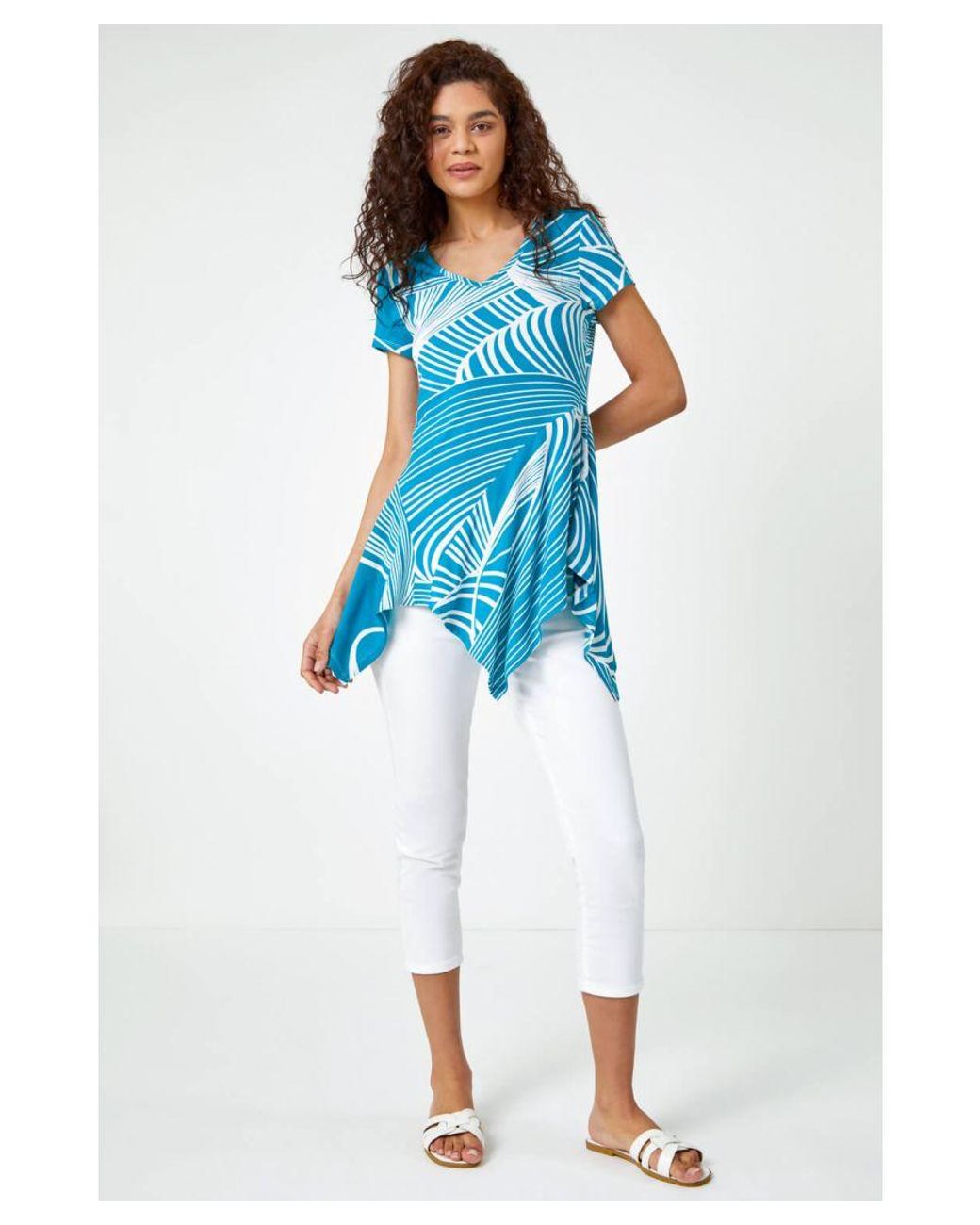 Roman Blue Textured Linear Print Hanky Hem Top