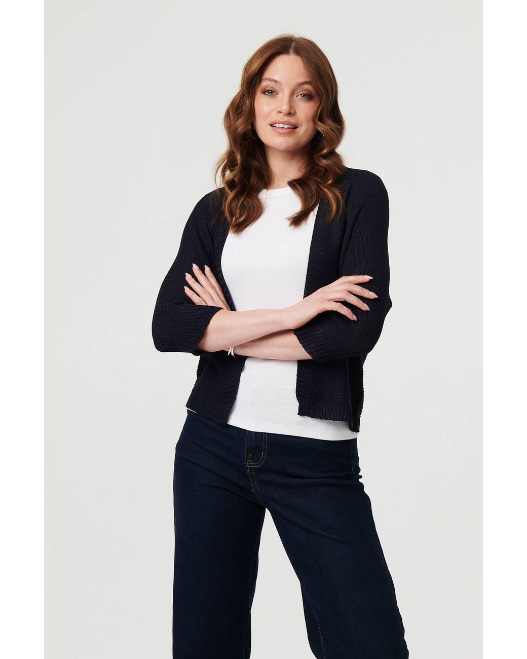Izabel London Blue Mesh Cropped 3/4 Sleeve Open Cardigan