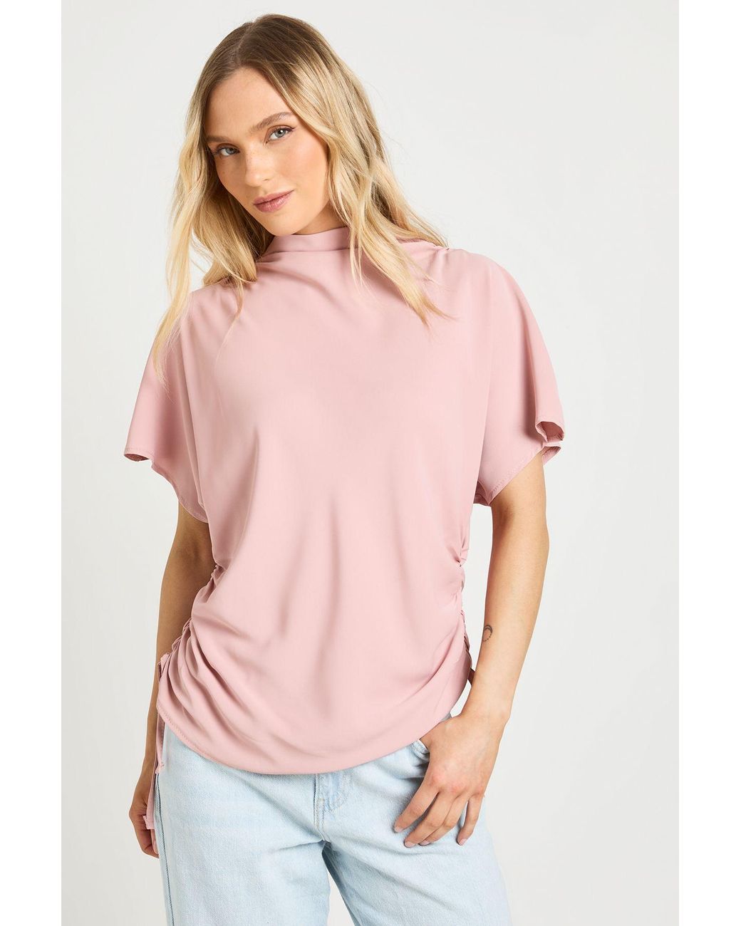 Boohoo Pink Petite Loose Ruched Side Body Top