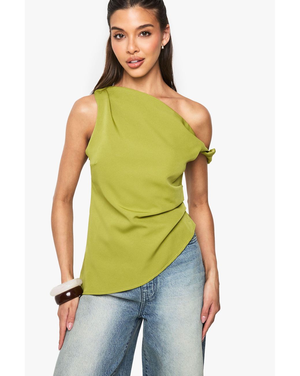Boohoo Green Woven Draped Asymmetric Top