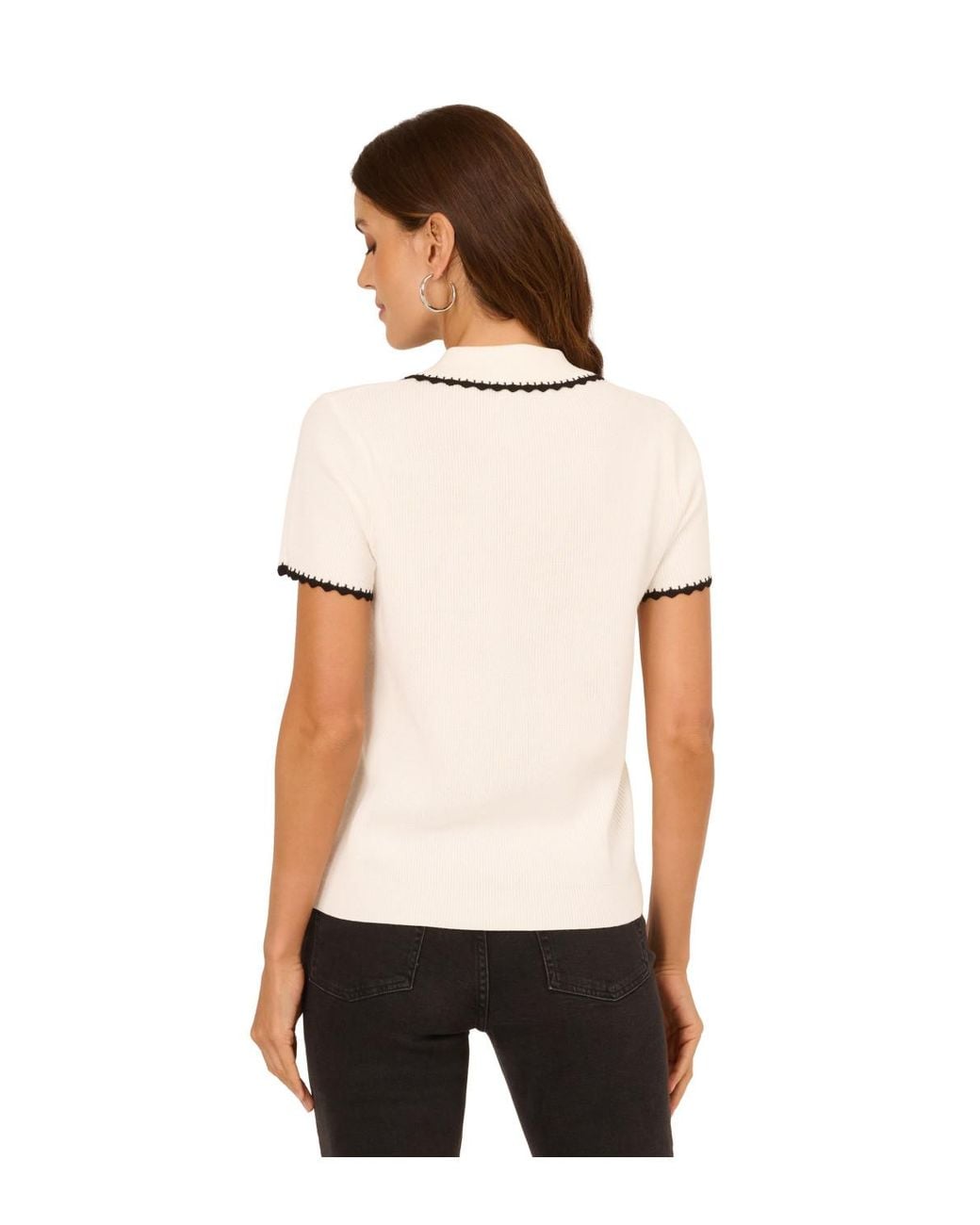 Adrianna Papell White Tipped Scalloped Edge Whip Stitch Short Sleeve Sweater