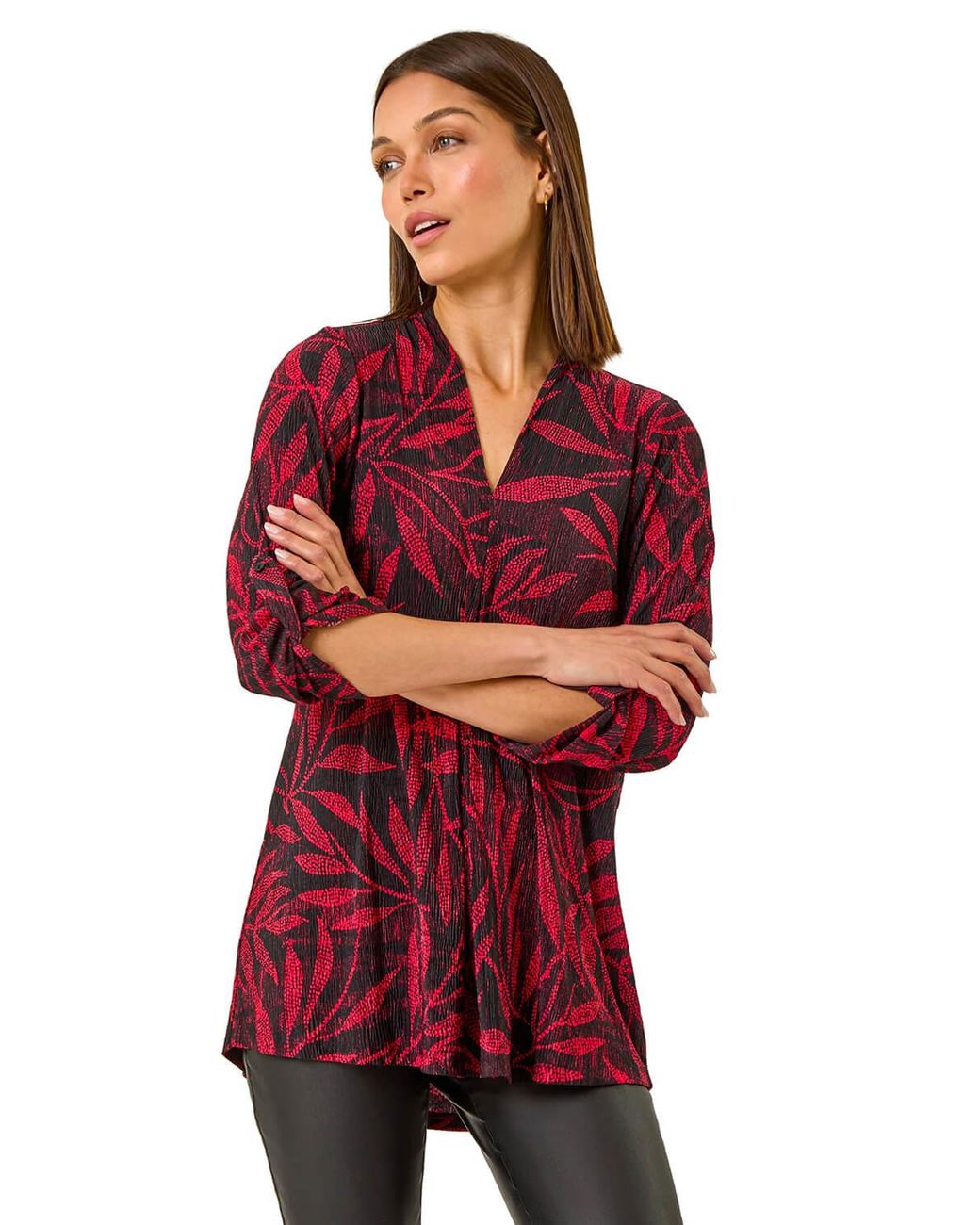 Roman Red Leaf Print Pleated Top