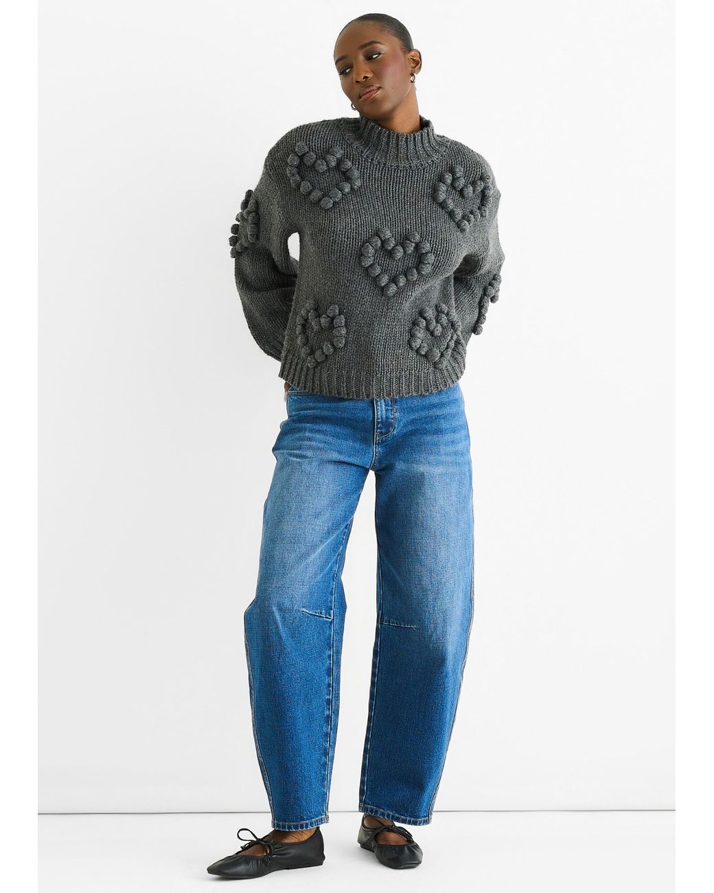 Gini London Blue Heart Bubble Chunky Knit High Neck Jumper