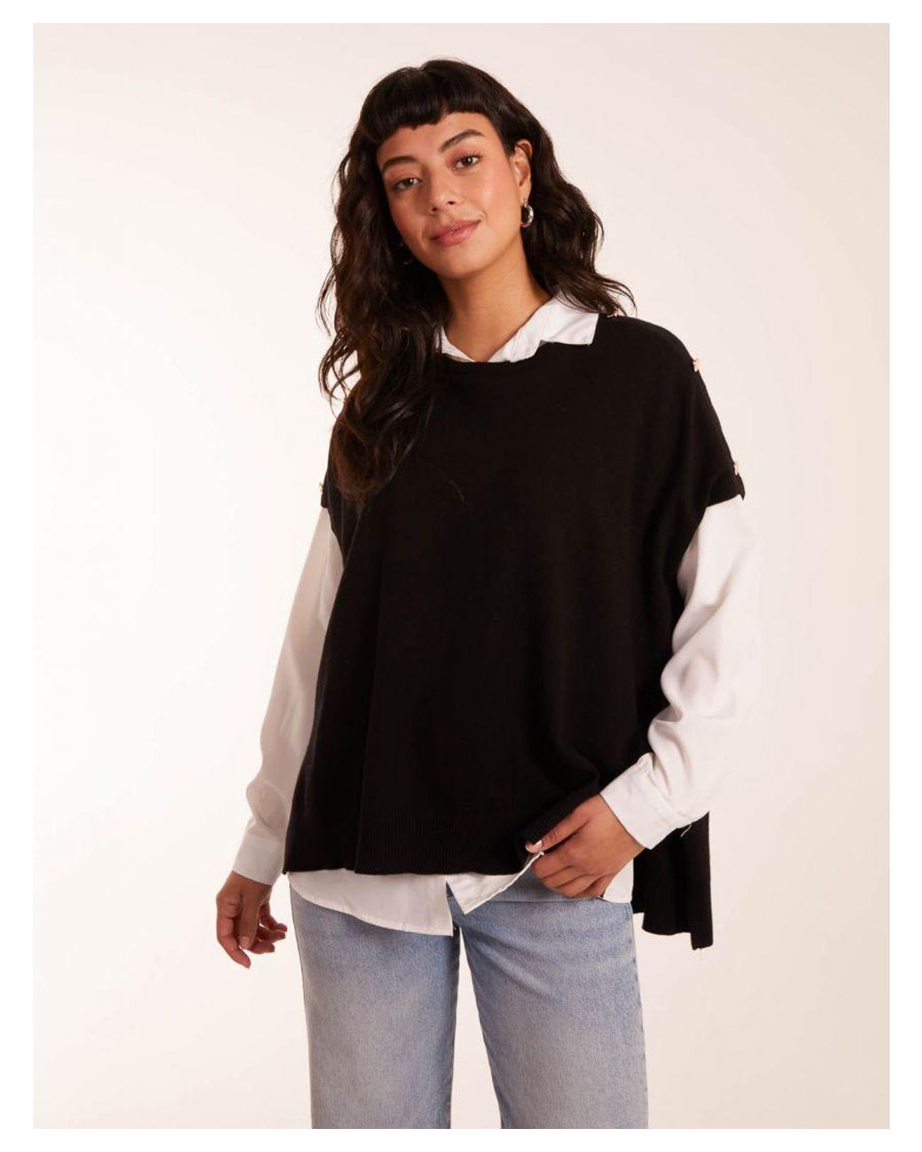 Blue Vanilla Black Oversized Button Shoulder Top