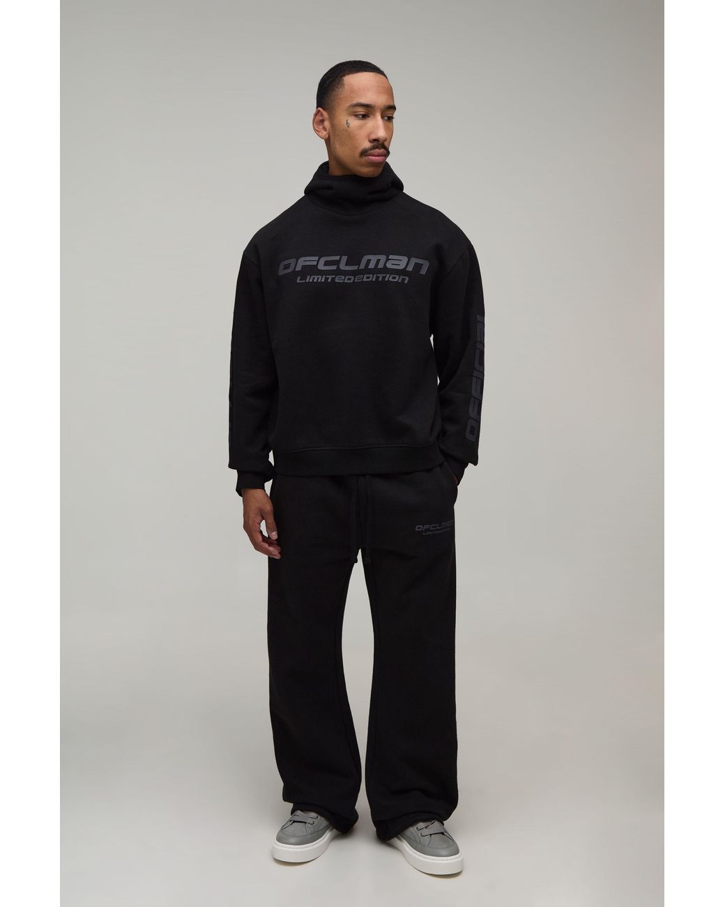 BoohooMAN Blue Oversized Shrunken Funnel Plush High Build Print Hoodie & Flare Jogger for men