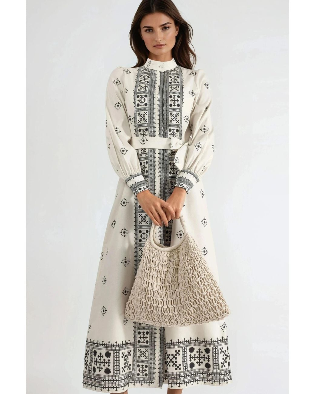 Msn-Collection White Mandarin Collar Geometric Paneled Maxi Dress