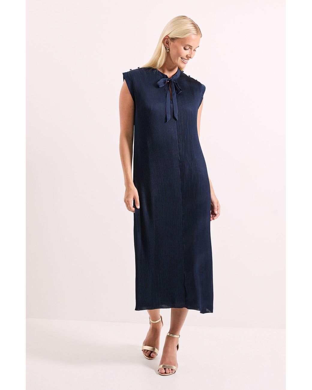 PRINCIPLES Blue Pleated Satin Column Tie Back Midi Dress