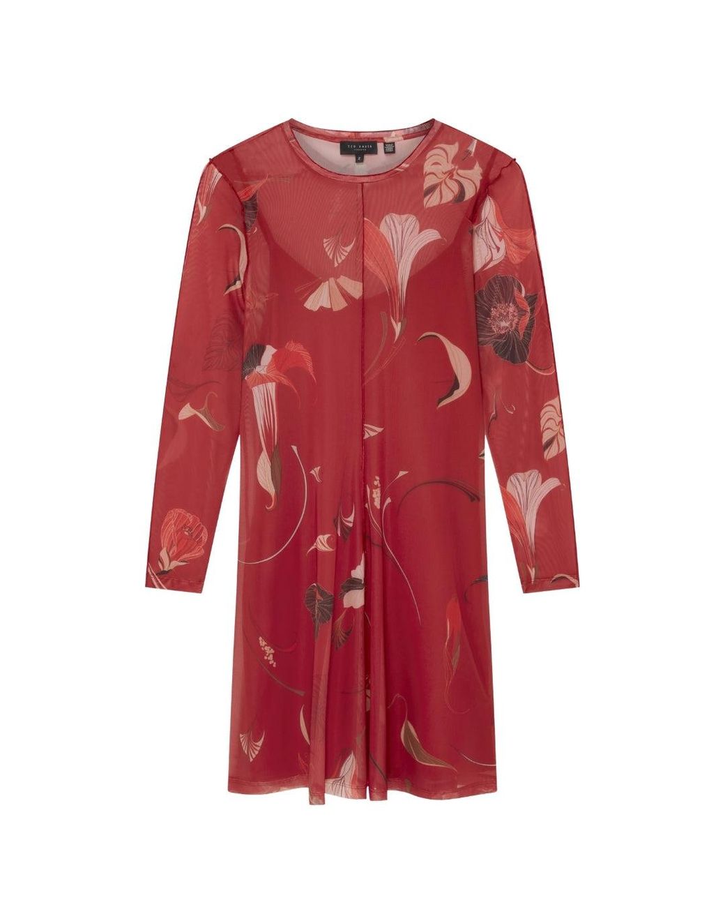 Ted Baker Red Mesh Long Sleeve Printed Midi Dress