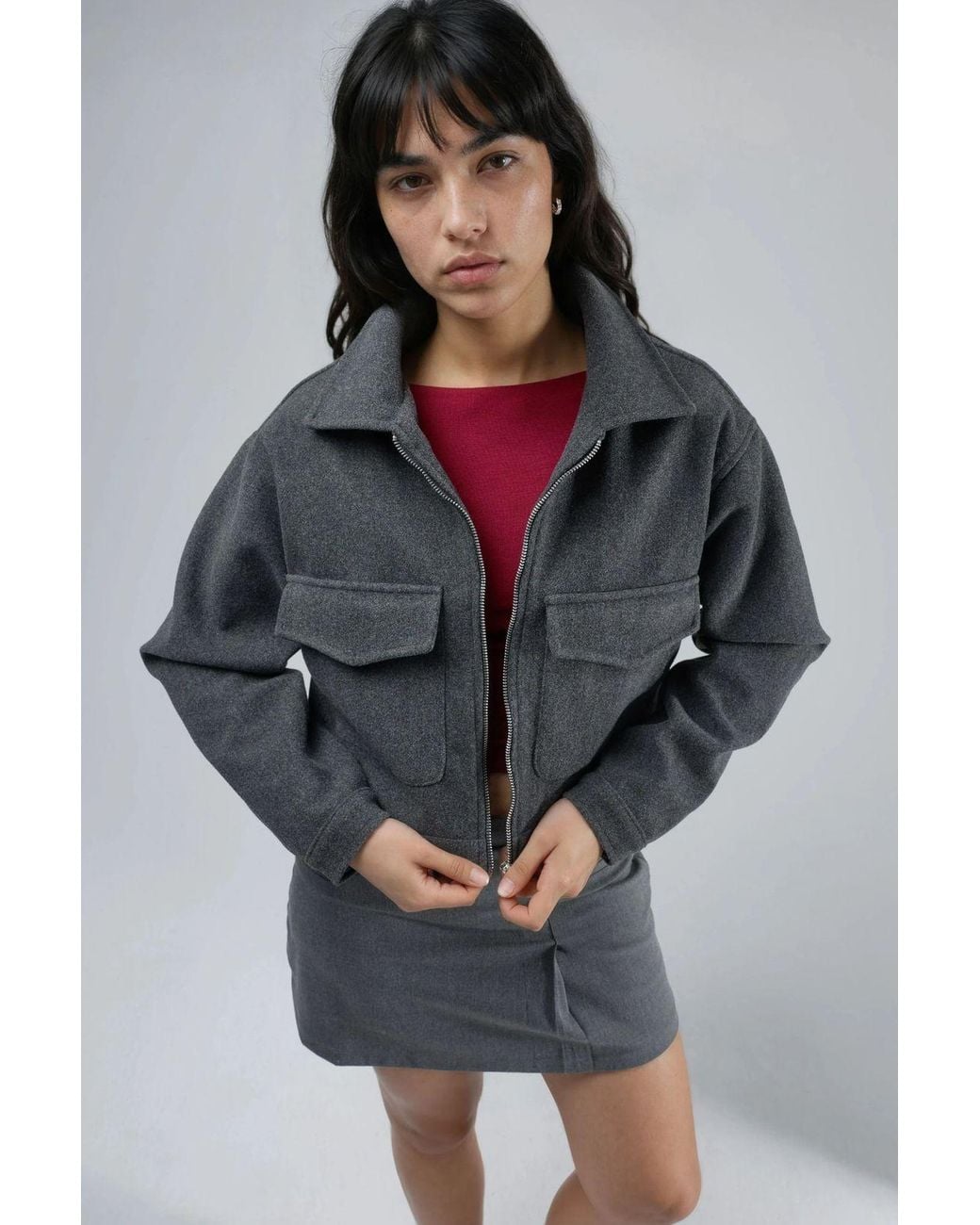 Busem Gray Crop Gabardine Jacket With Zipper And Pocket
