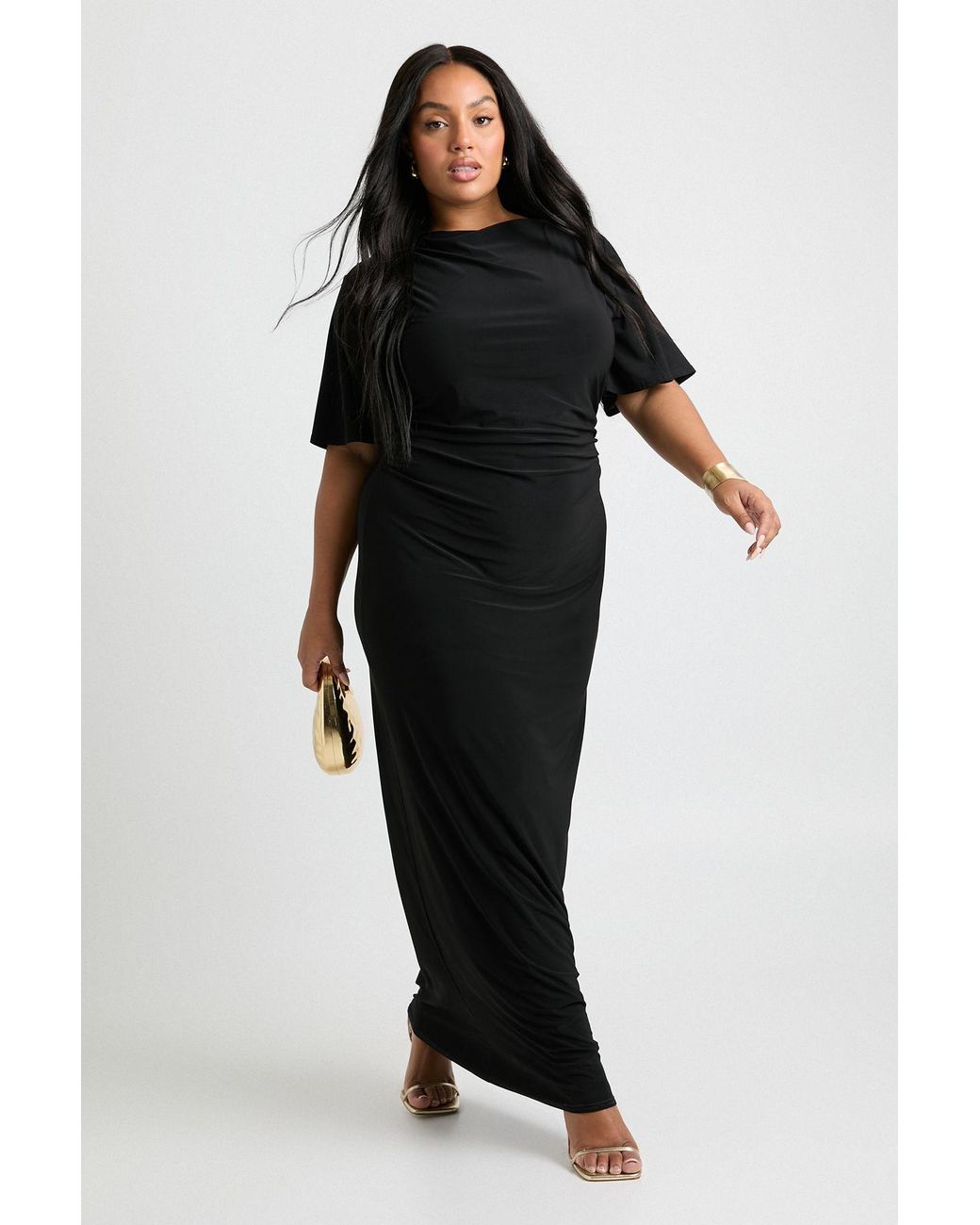 Boohoo Black Plus Angel Sleeve Gathered Side Column Maxi Dress