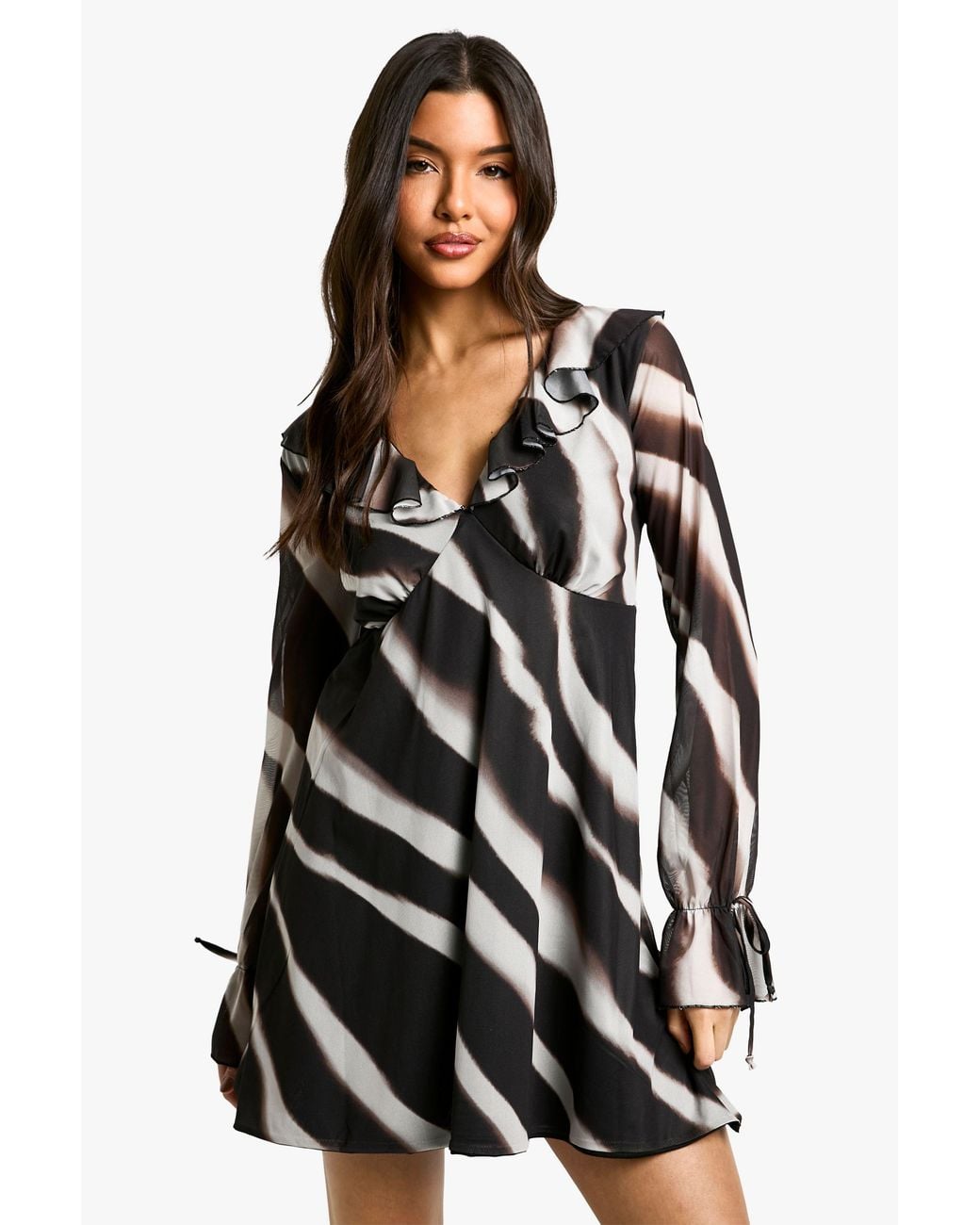 Boohoo White Abstract Mesh Ruffle Mini Dress
