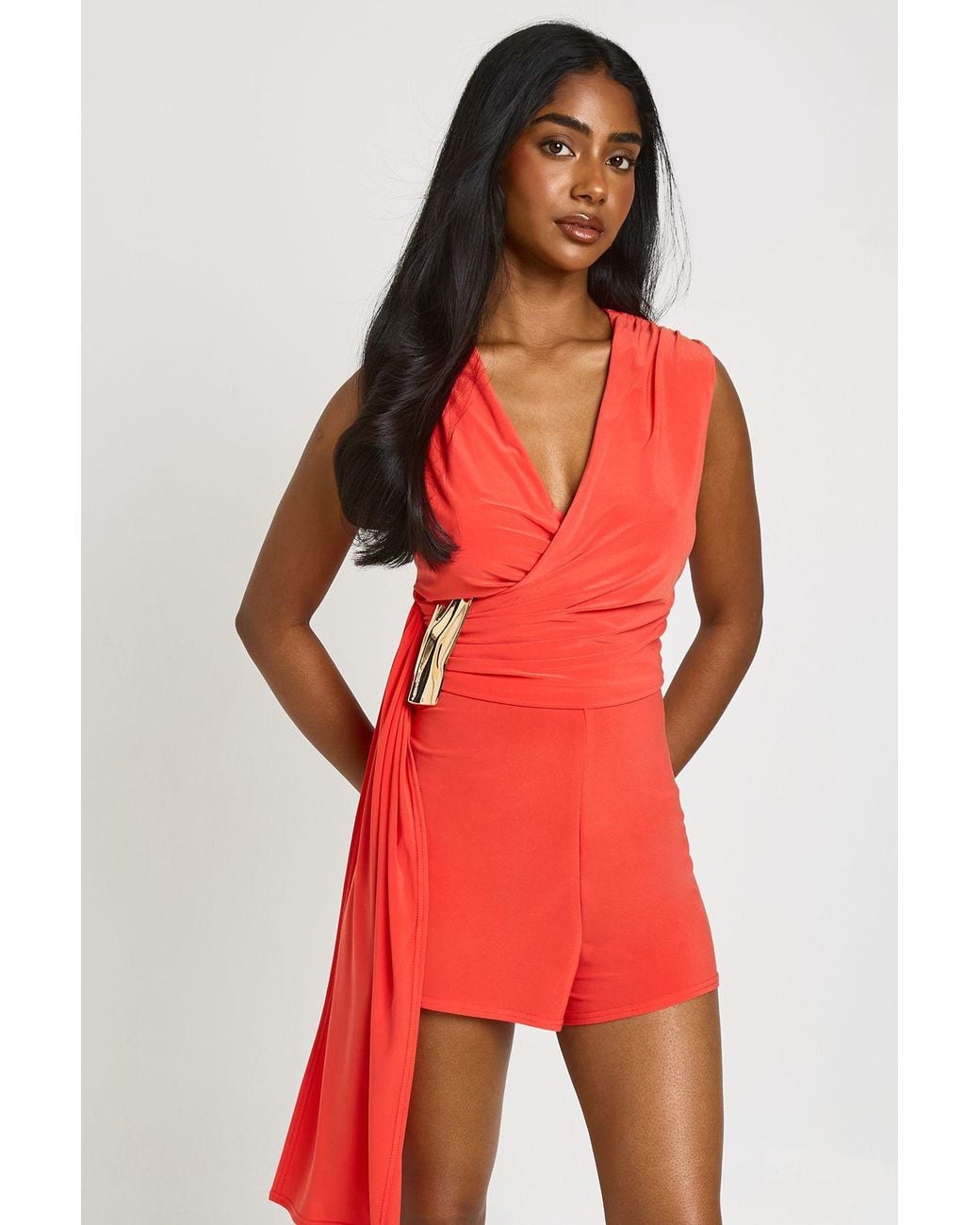 Boohoo Red Soft Touch Drape Front Flippy Playsuit