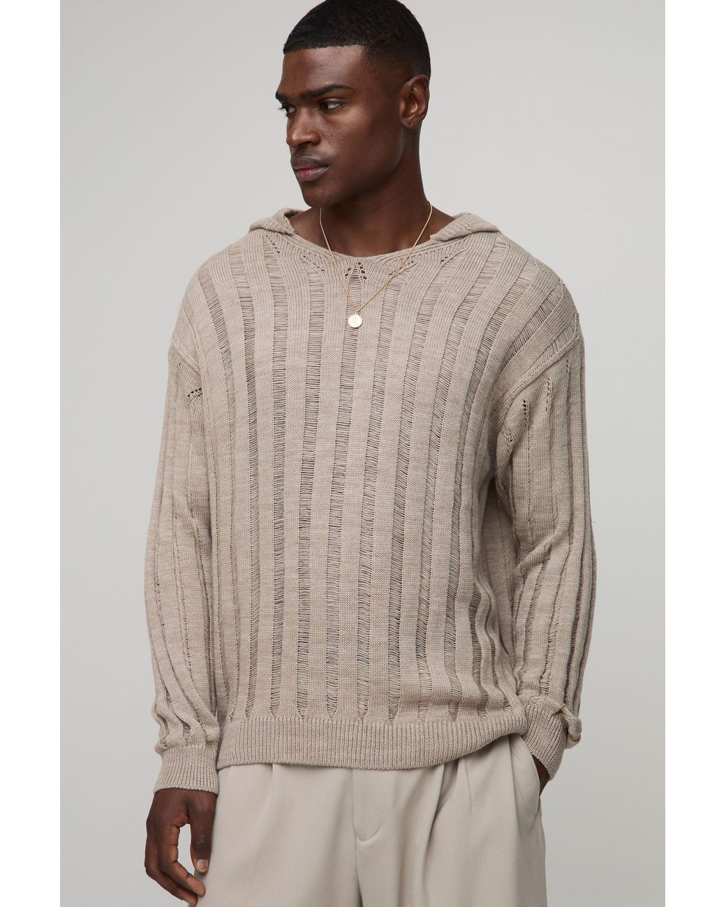 BoohooMAN Natural Oversized Ladder Stitch Knitted Hoodie for men