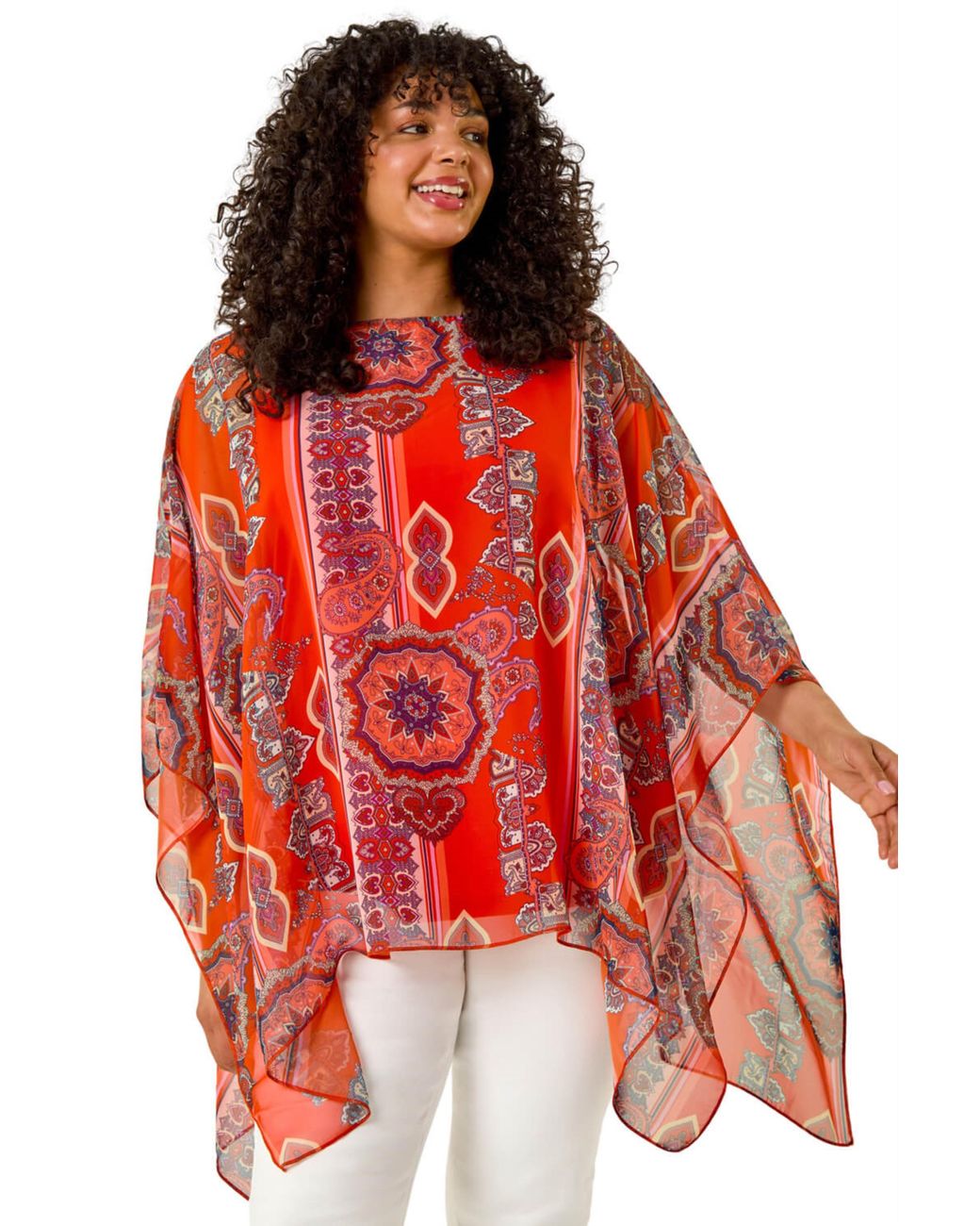 Roman Red Curve Ikat Paisley Asymmetric Overlay Top