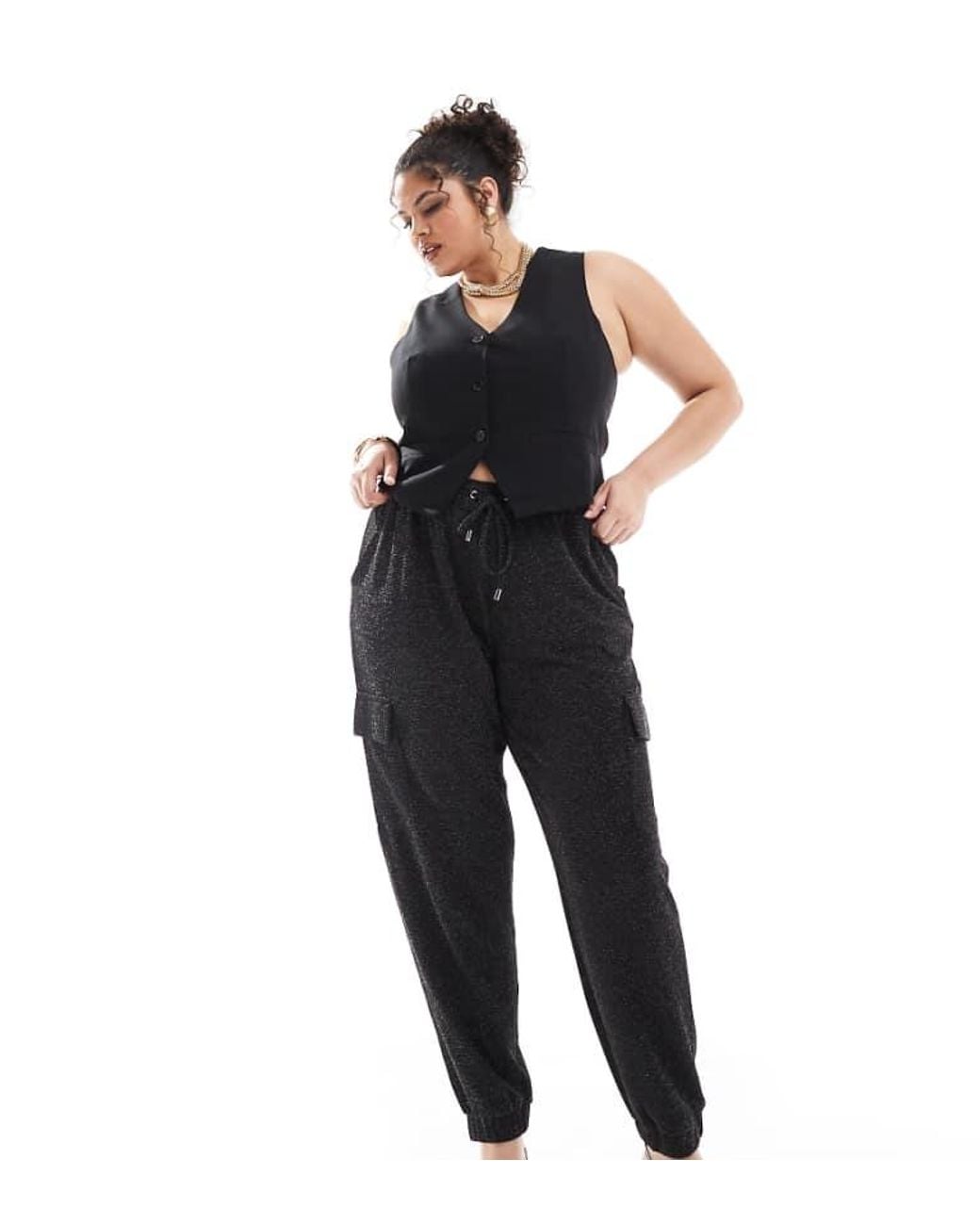 Yours Black Cargo Glitter Harem Trousers