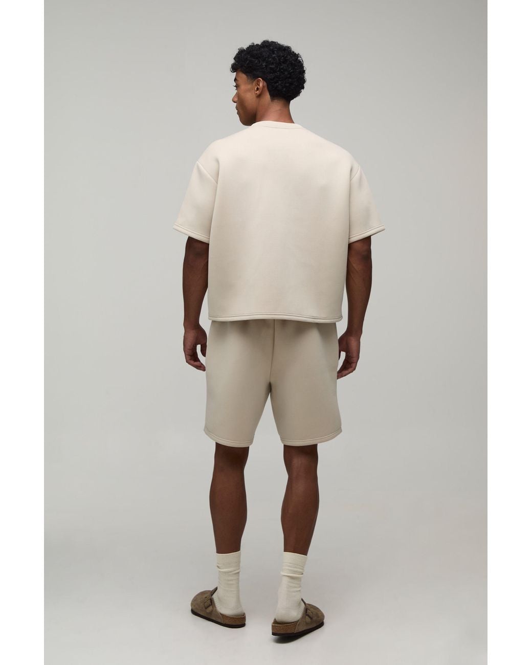 BoohooMAN Natural High Build Rubber Print Oversized Boxy Bonded Scuba T-Shirt & Relaxed Short Set for men
