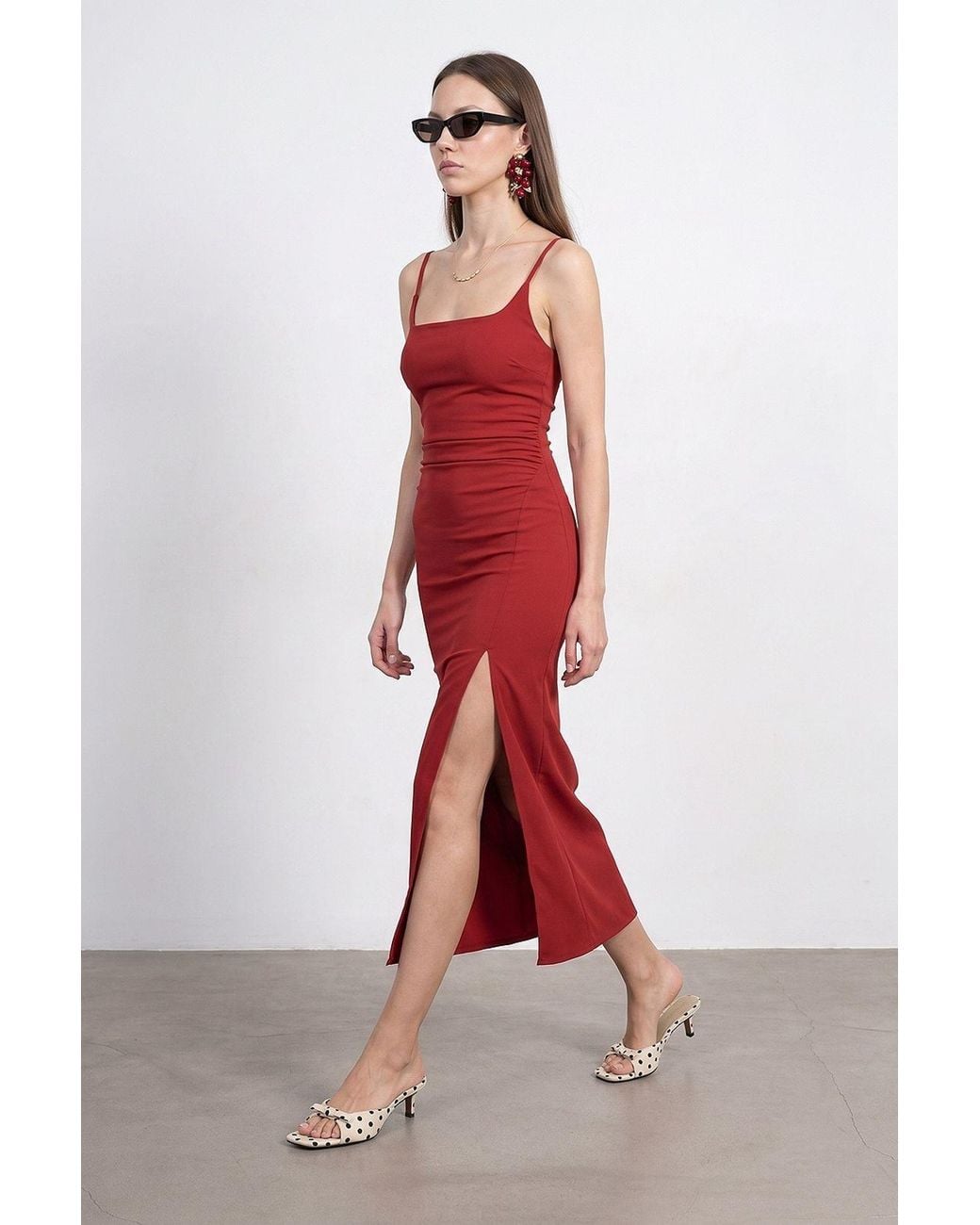 Dilvin Red Sleeveless Bodycon Midi Dress