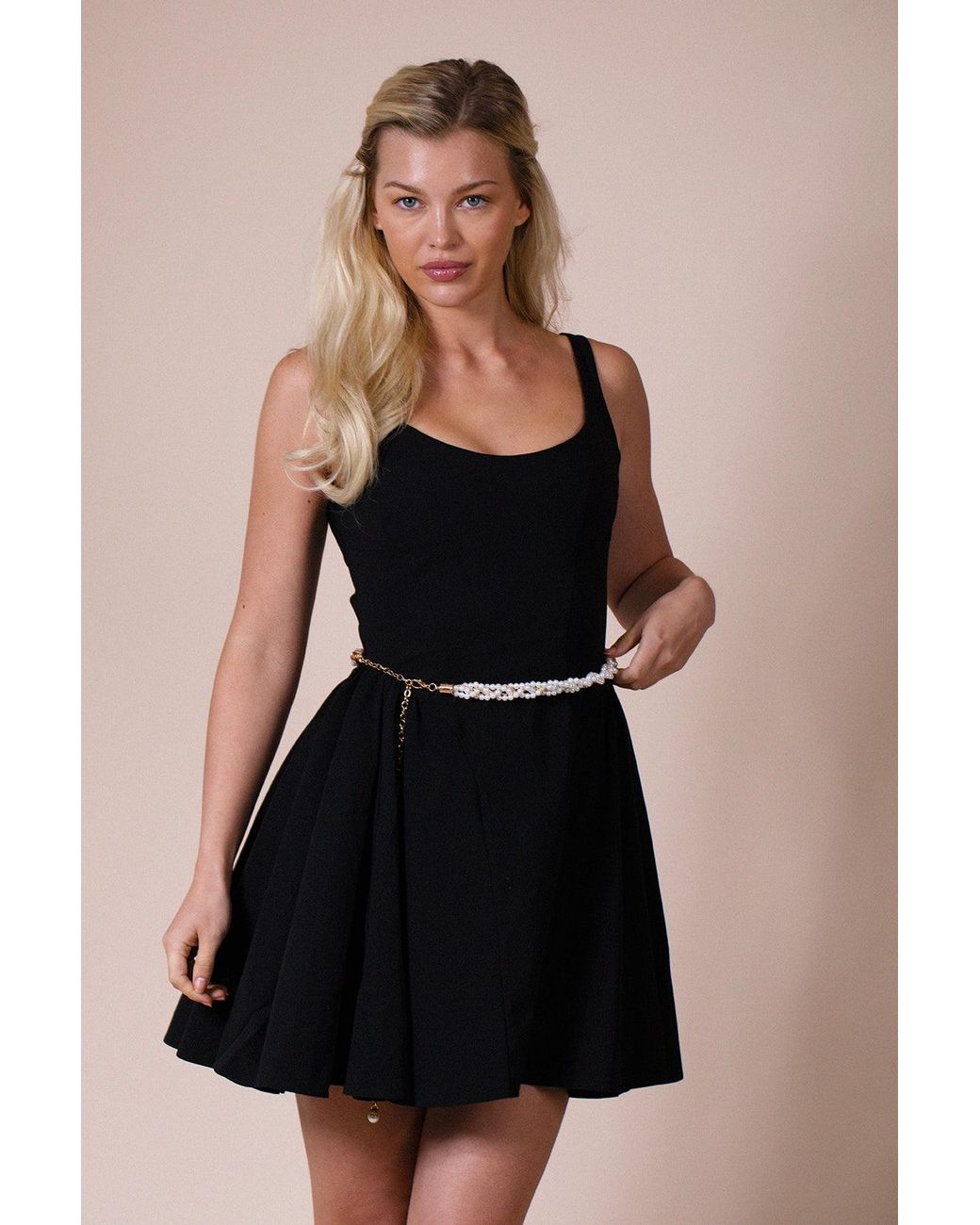SVNX Black Braided Pearl Chain Belt
