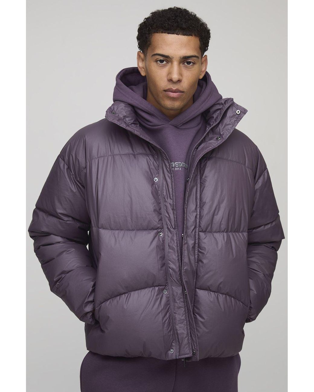 BoohooMAN Purple Regular Fit Crinkle High Shine Panelled Funnel Neck Puffer Jacket for men