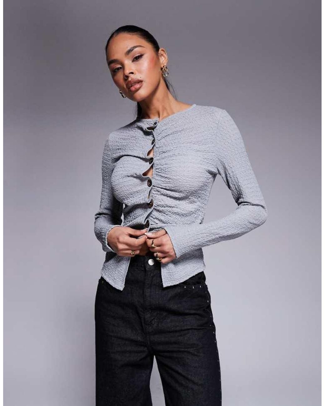 ASOS Gray Textured Button Through Long Sleeve T-Shirt