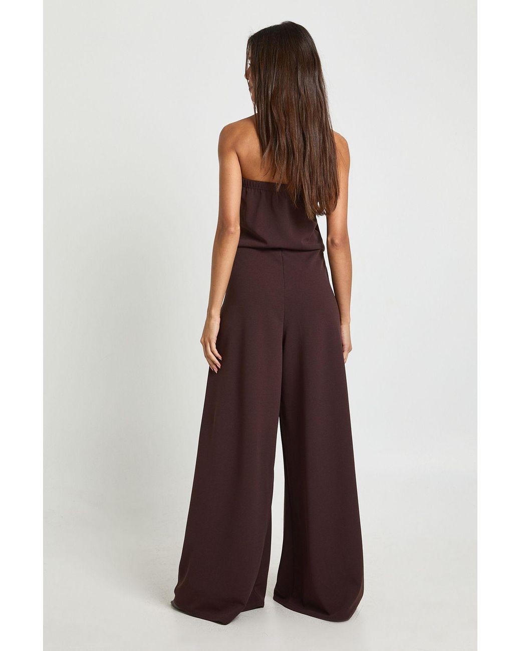 Boohoo Brown Crepe Bandeau Extreme Wide Leg Jumpsuit