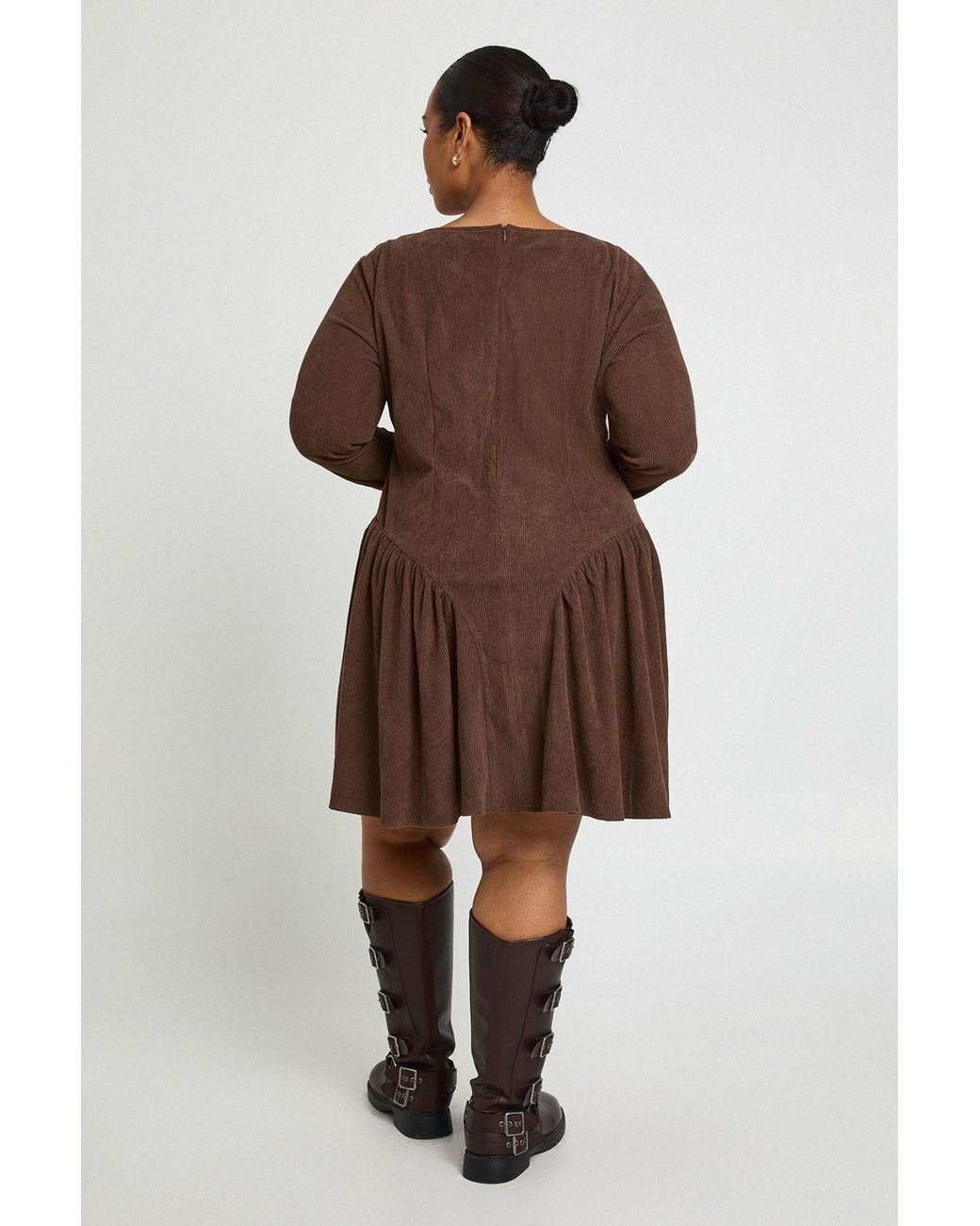 Boohoo Brown Plus Cord Milkmaid Skater Dress