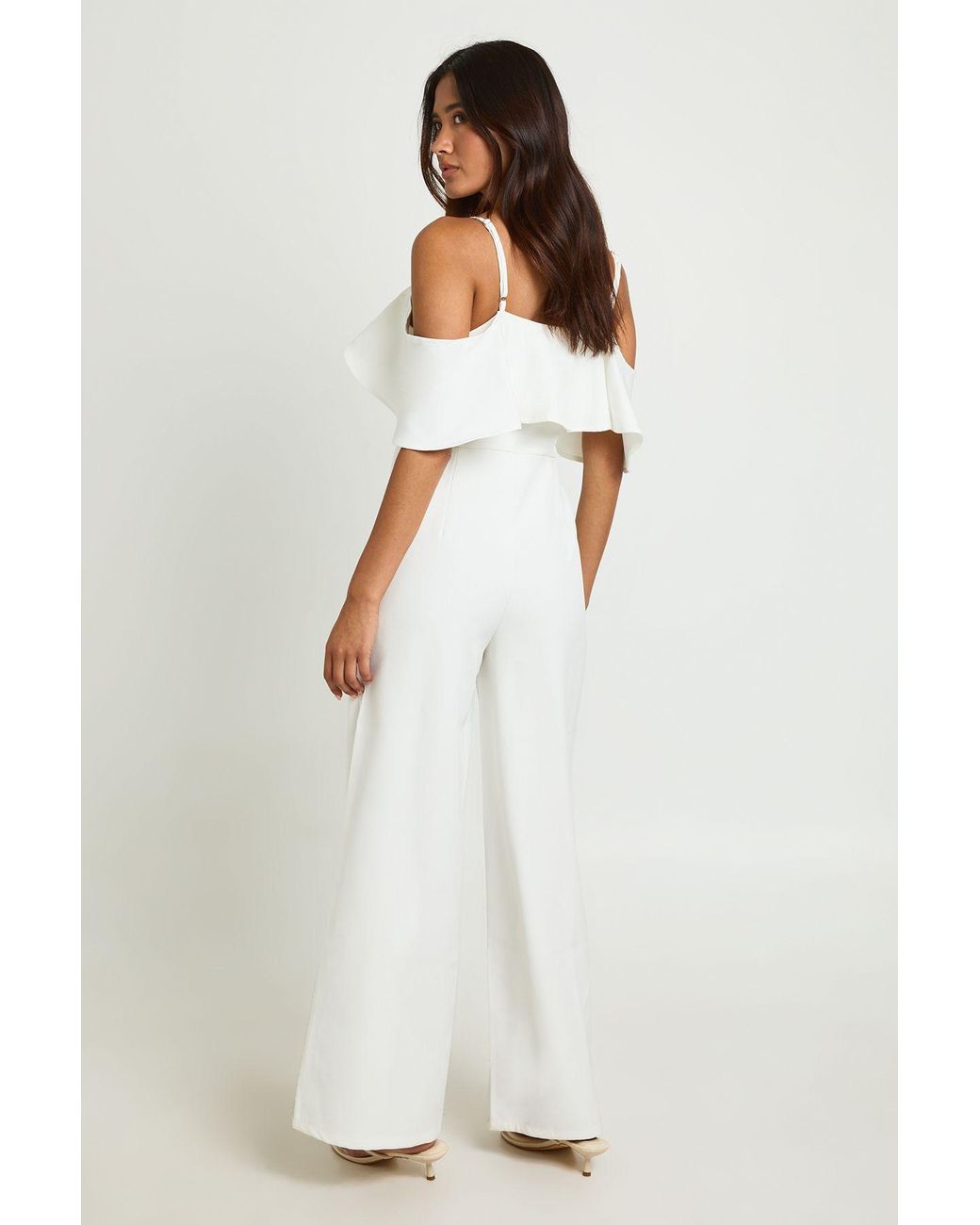 Boohoo White Tailored Strappy Foldover Ruffle Jumpsuit