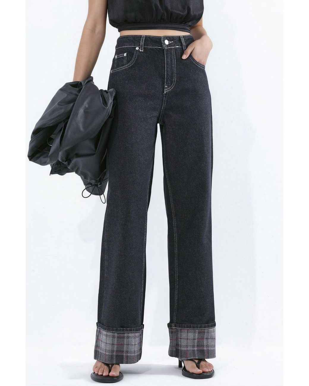 Hiccup Black High Waist Wide Leg Jeans With Plaid Hem Detail