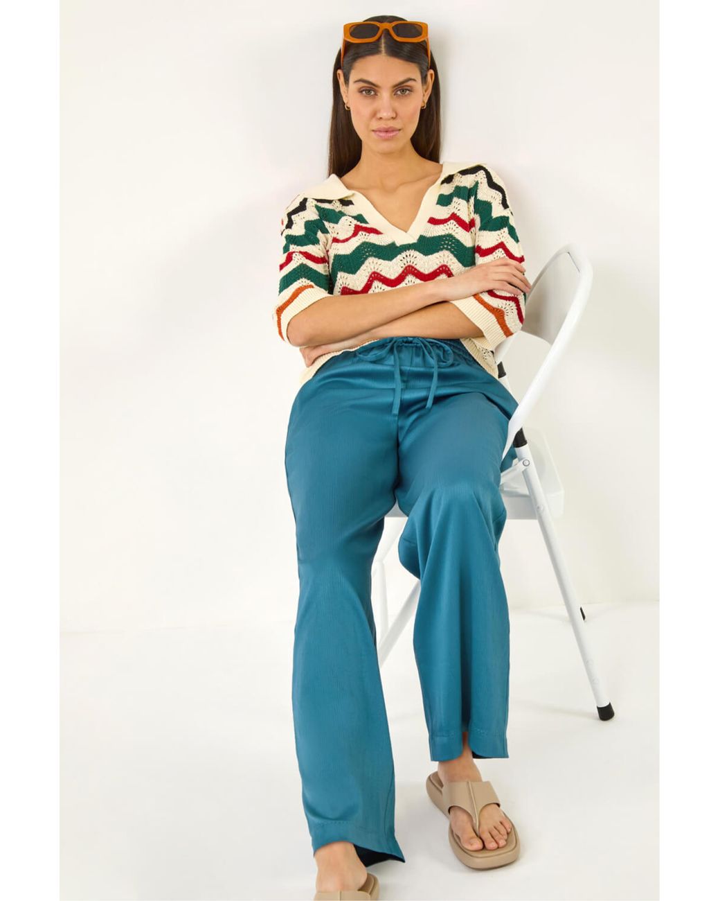 Roman Blue Textured Wide Leg Trouser