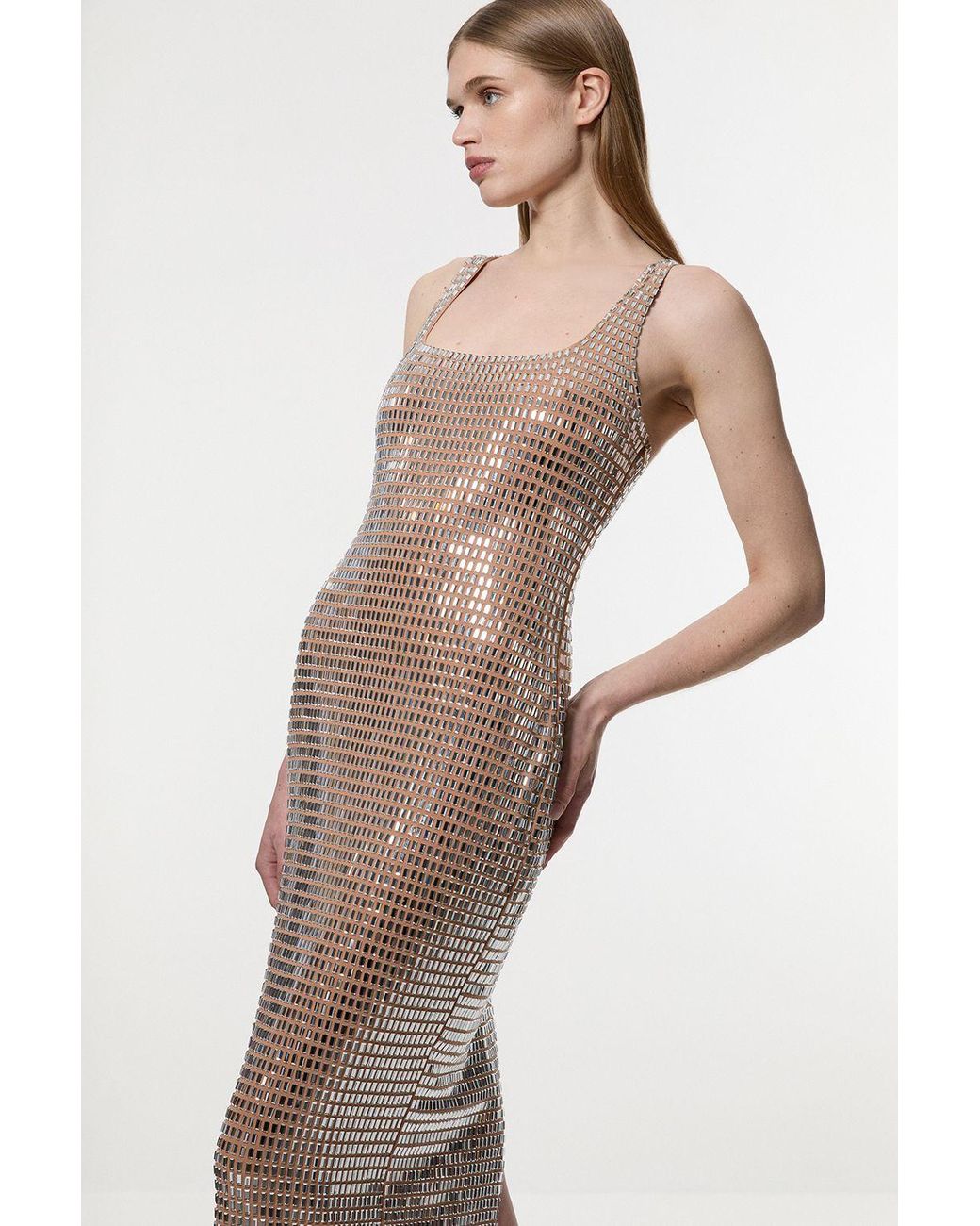 Karen Millen Natural Premium Crystal Embellished Jersey Midi Dress