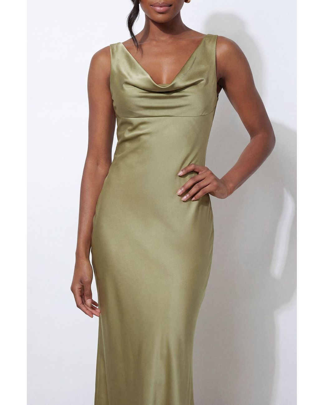 MissPap Green Premium Satin Cowl Neck Fishtail Maxi Bridesmaid Dress