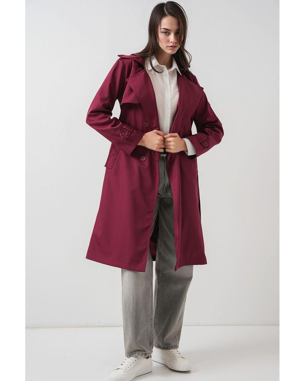 Bigdart Red Double Breasted Long Trench Coat