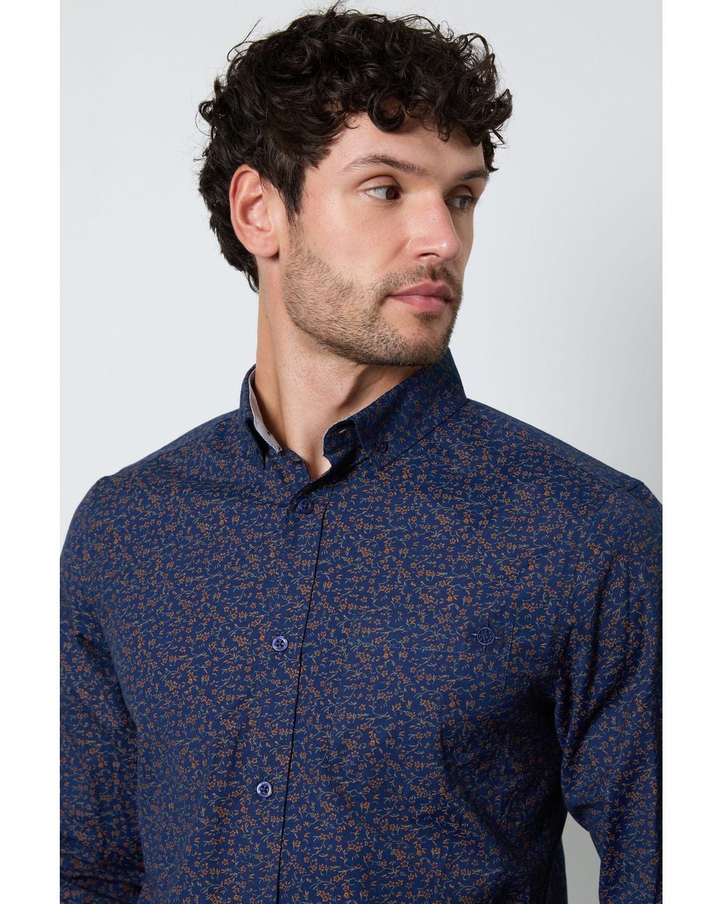 MAINE Blue Ditsy Floral Print Long Sleeve Shirt Cotton for men