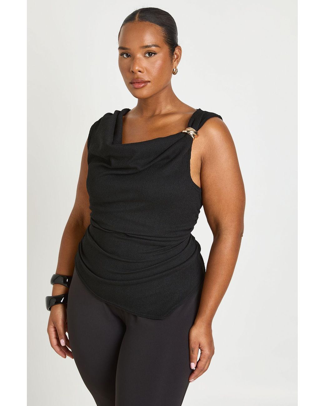 Boohoo Black Plus Textured Trim Detail Asymmetric Top